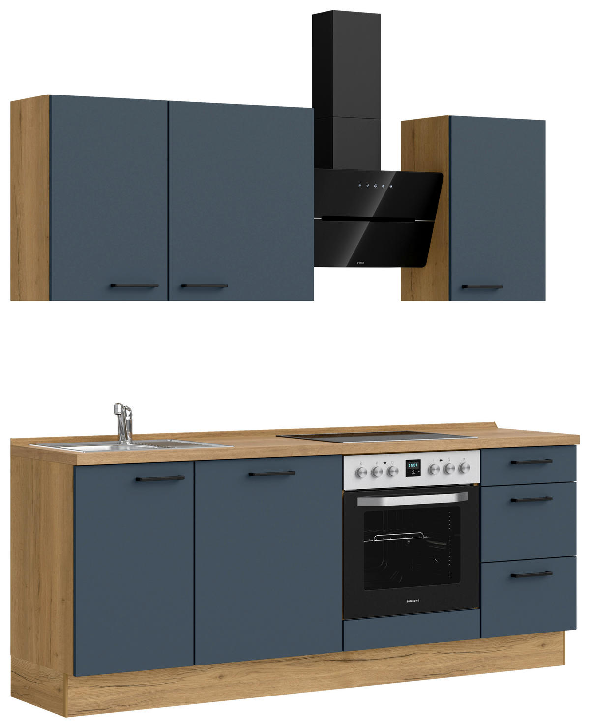 KÜCHENBLOCK 210 cm   in Eichefarben, Dunkelblau  - Eichefarben/Schwarz, MODERN, Holzwerkstoff/Metall (210cm) - Nobilia