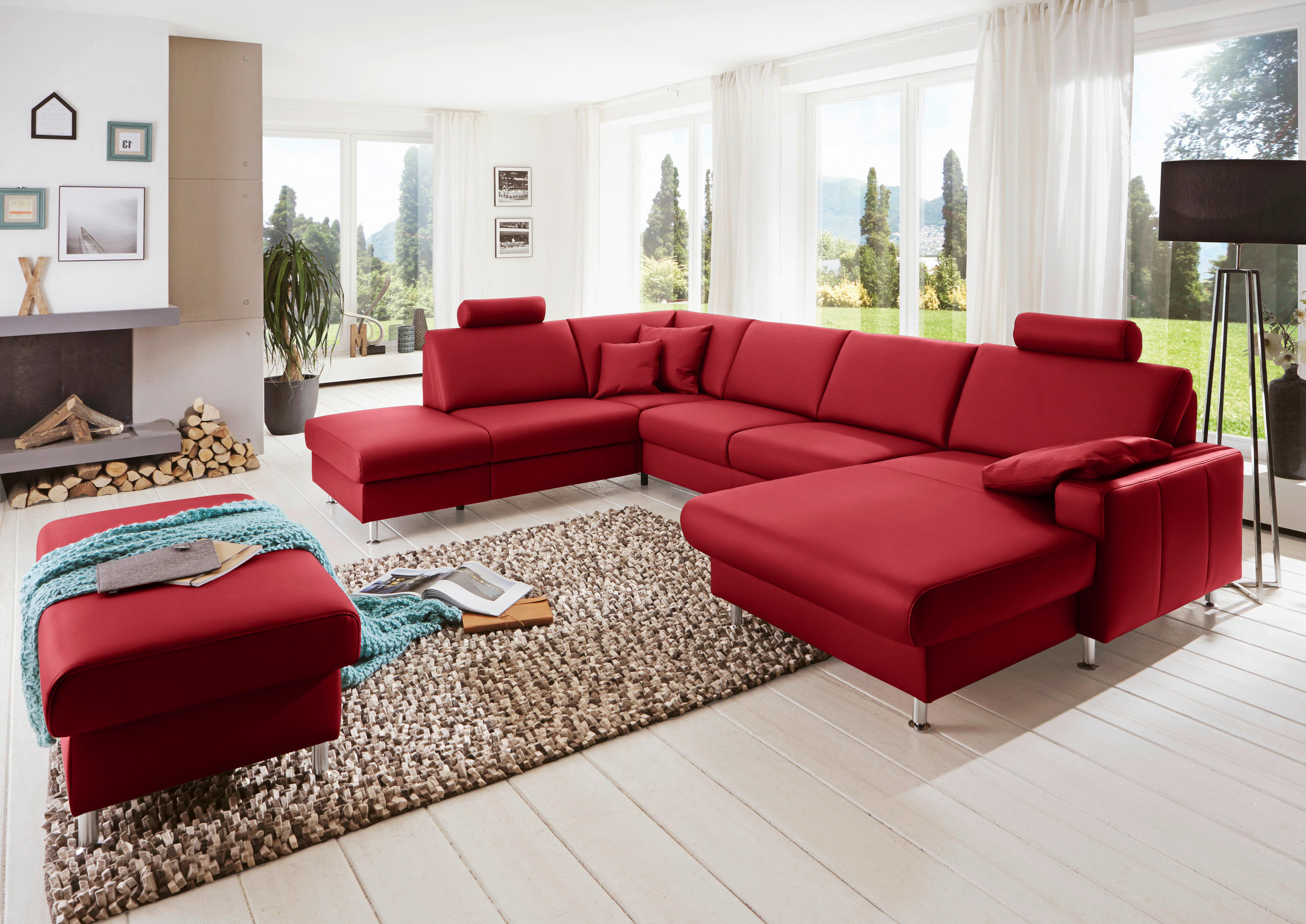 WOHNLANDSCHAFT in Echtleder Rot  - Rot/Alufarben, Design, Leder/Metall (233/339/165cm) - Beldomo Premium