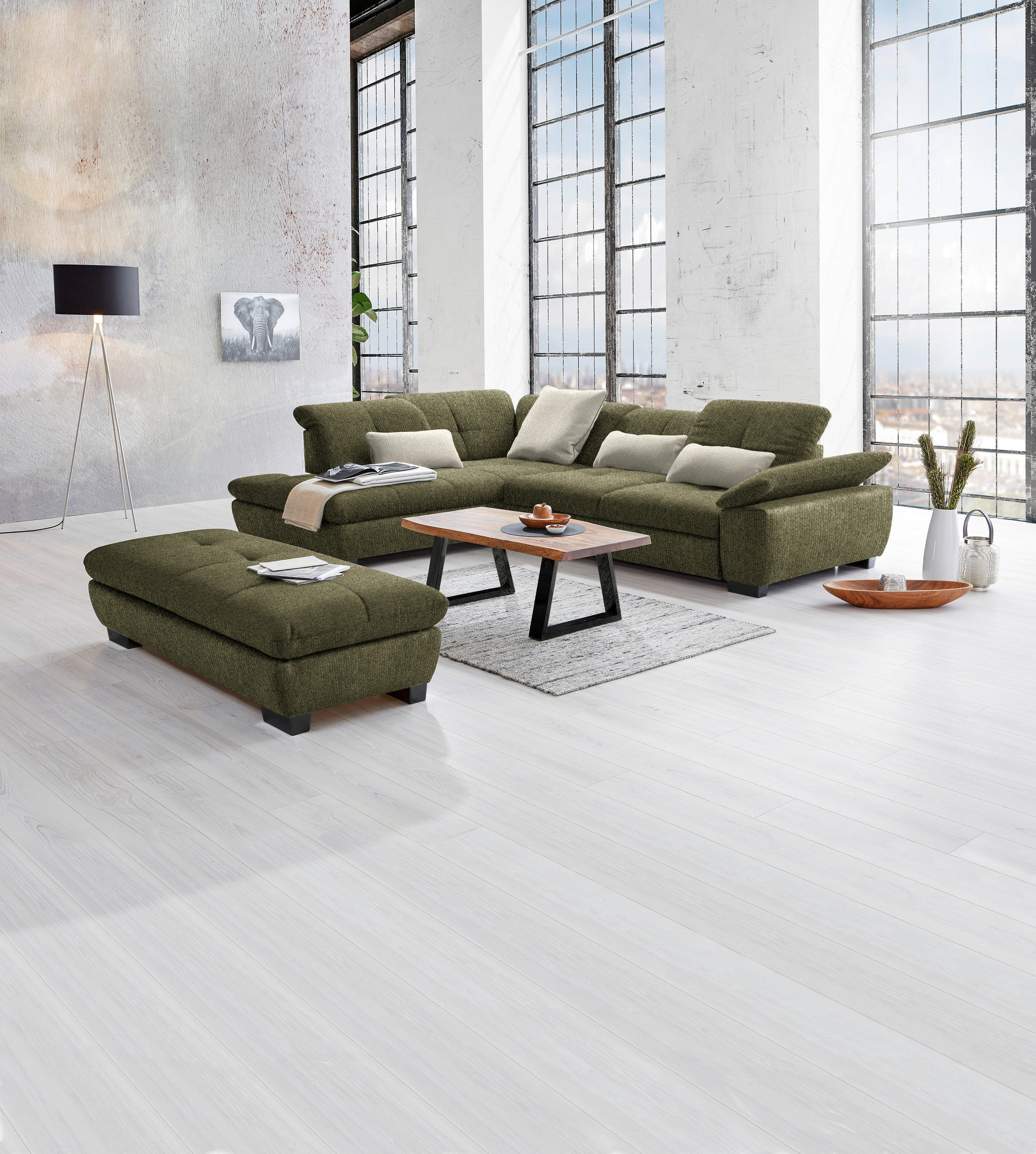 ECKSOFA in Flachgewebe Olivgrün  - Schwarz/Olivgrün, Design, Textil/Metall (242/313cm) - Xora