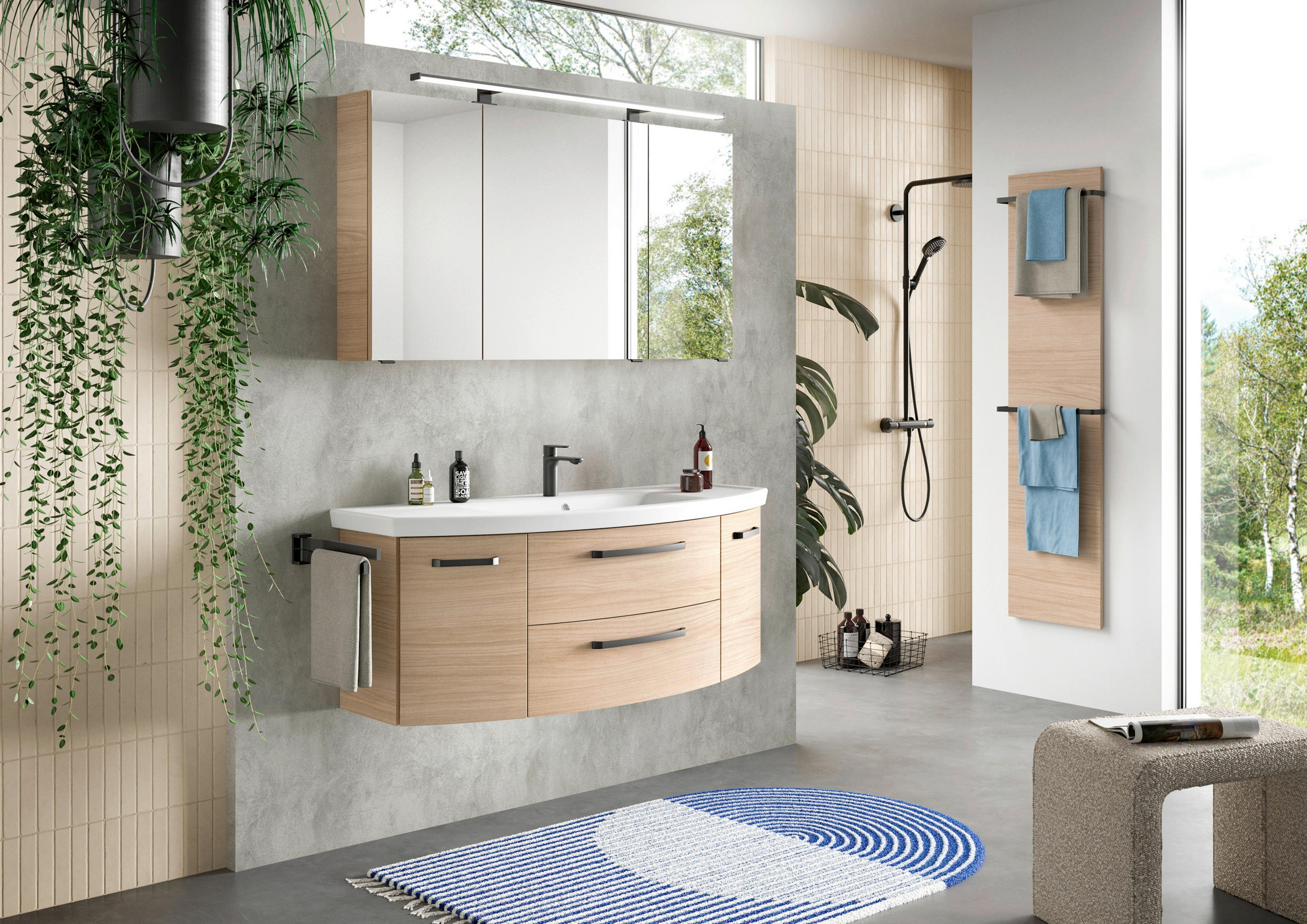 BADEZIMMER 3-teilig  in 135 cm  - Eichefarben/Schwarz, MODERN, Glas/Keramik (135cm) - Sadena