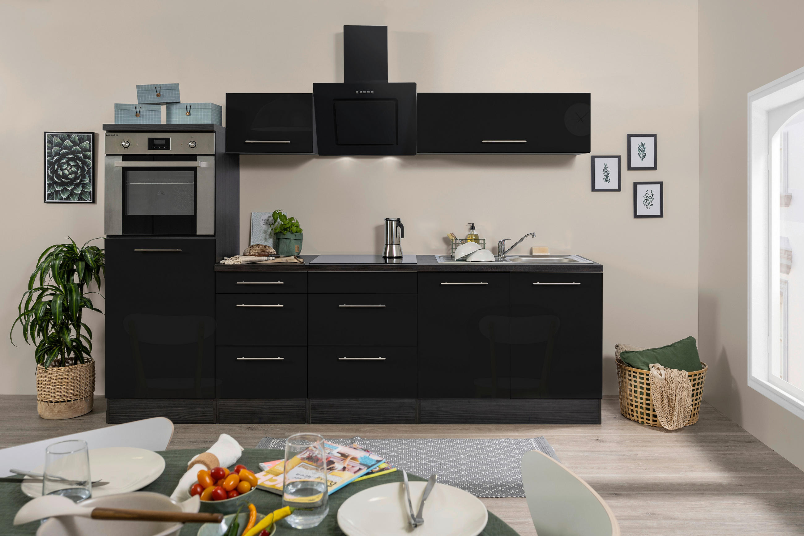 Respekta Küchenblock Premium 2.0 Schwarz, Eiche 270 cm