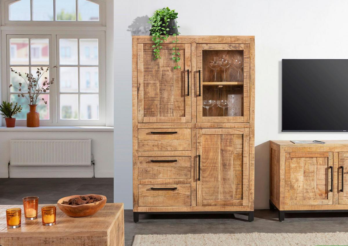 HIGHBOARD  95/145/40 cm 3 Schublade(n)  - Schwarz/Naturfarben, Design, Glas/Holz (95/145/40cm) - Landscape