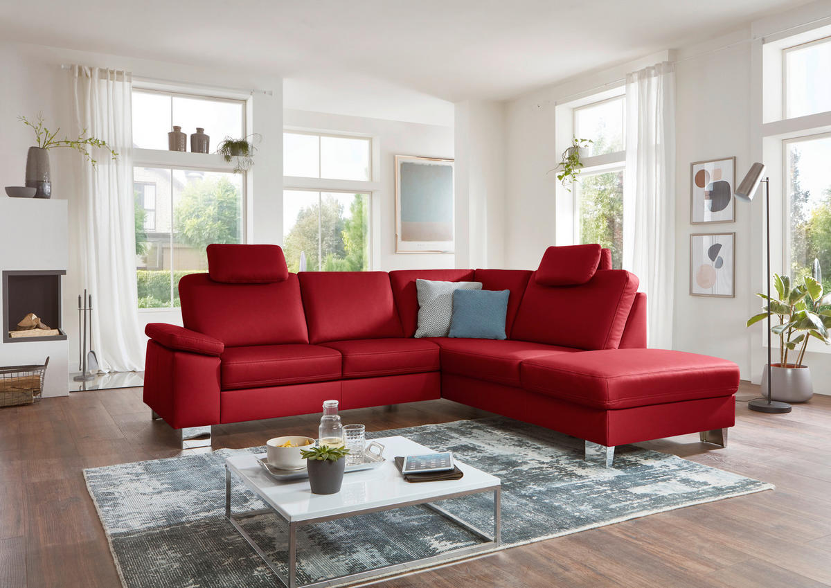 ECKSOFA  in Echtleder Rot  248/235 cm  - Rot/Alufarben, Design, Leder/Metall (248/235cm) - Beldomo Premium