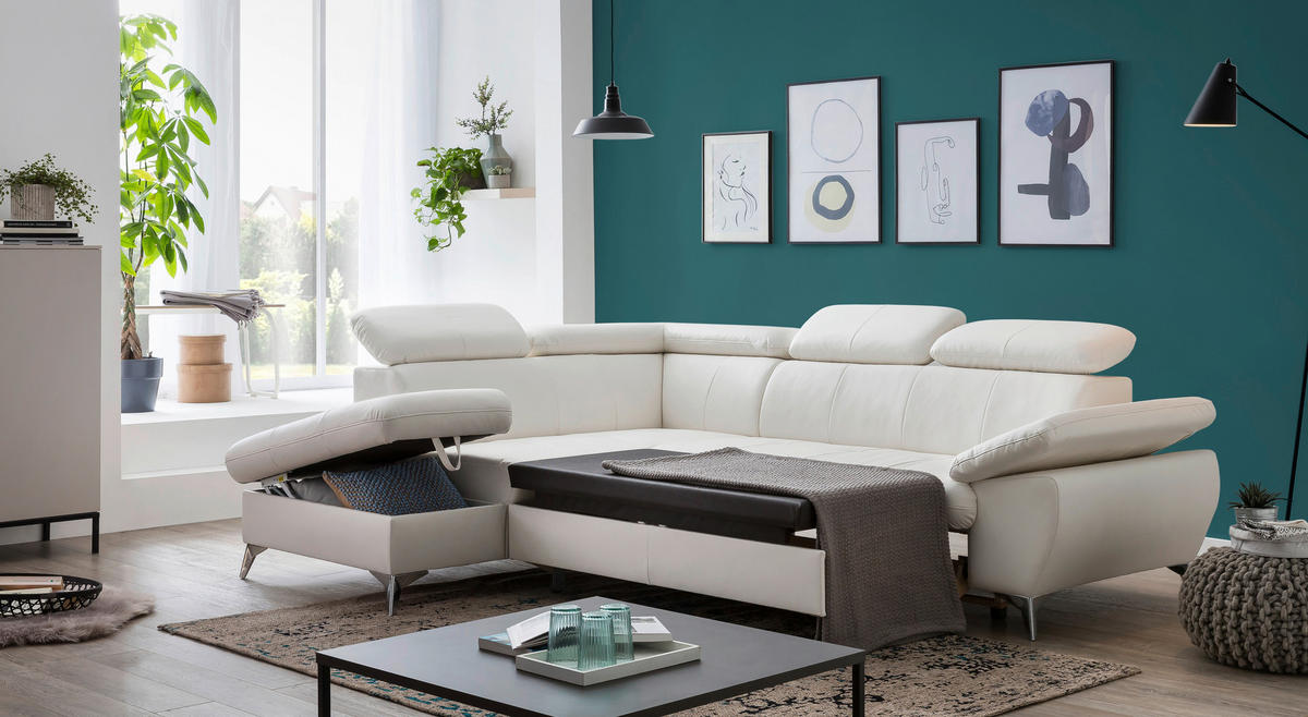 ECKSOFA Weiß Lederlook  - Chromfarben/Weiß, KONVENTIONELL, Textil/Metall (209/256cm) - Livetastic