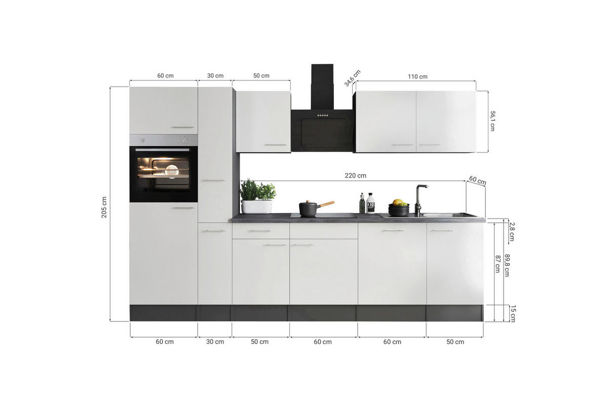 KÜCHENBLOCK 310 cm   in Grau, Weiß  - Silberfarben/Weiß, Design, Holzwerkstoff/Metall (310cm) - Respekta