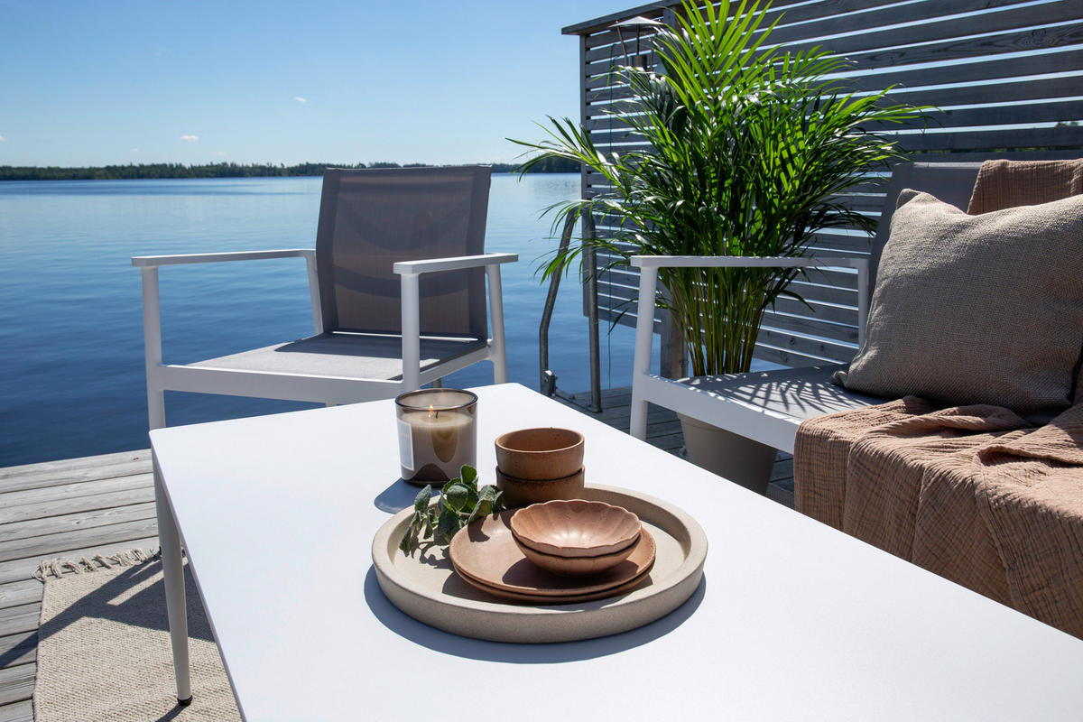 LOUNGEGARNITUR 4-teilig   Aluminium  - Weiß/Grau, KONVENTIONELL, Glas/Textil - Gardenson