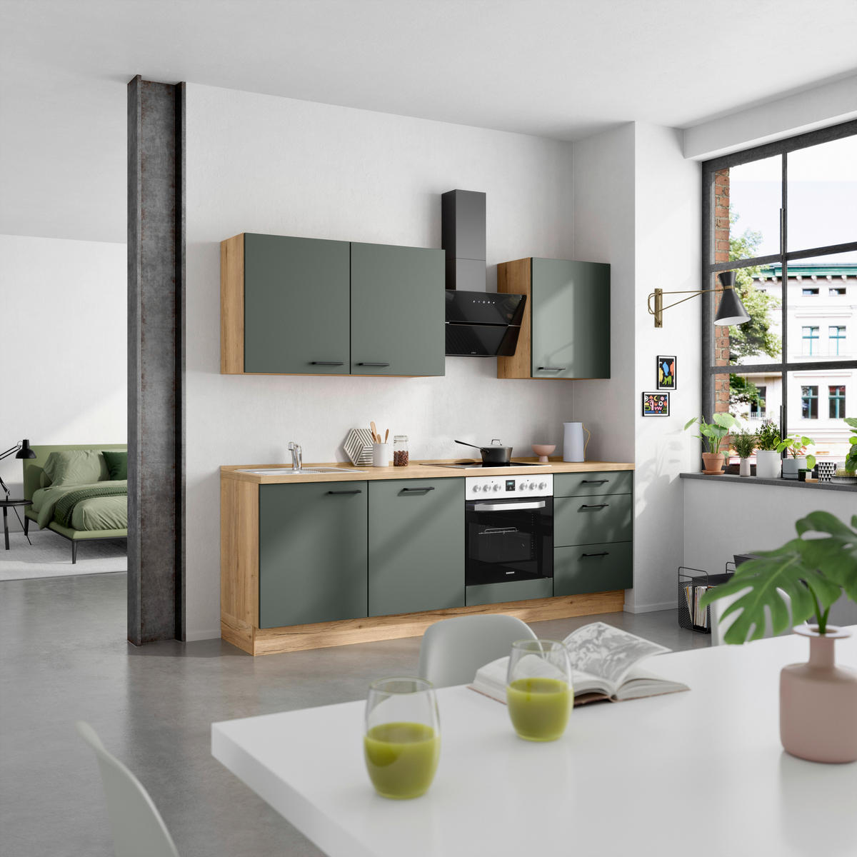 KÜCHENBLOCK Easytouch 240 cm  in Eichefarben, Dunkelgrün  - Dunkelgrün/Eichefarben, MODERN, Holzwerkstoff/Metall (240cm) - Nobilia
