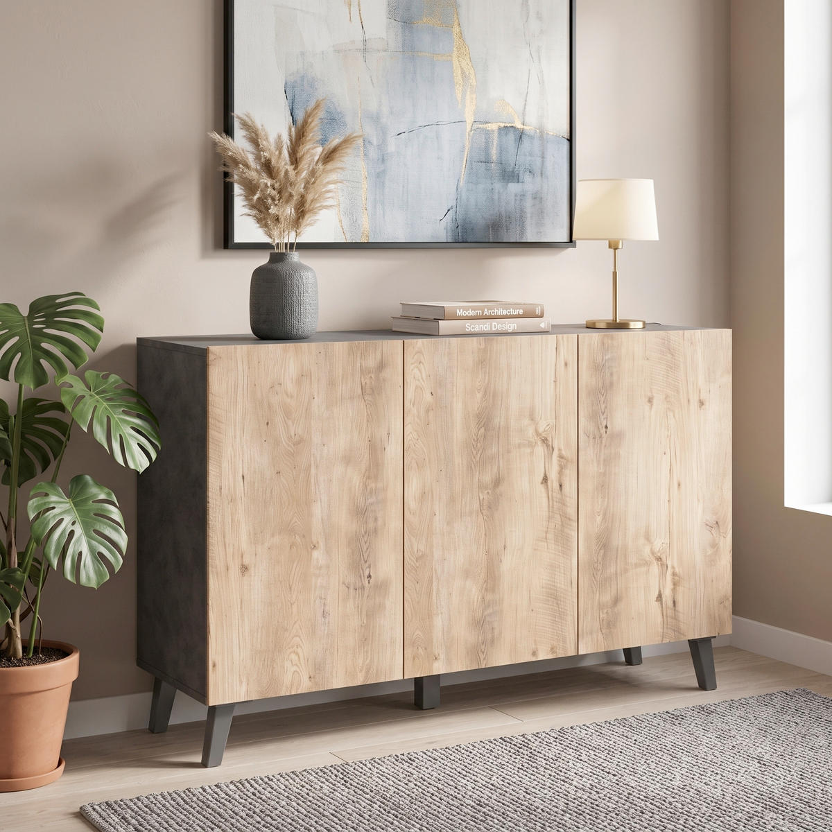ŠIROKA KOMODA, antracit, barva kostanjevega hrasta  - črna/barva kostanjevega hrasta, Design, umetna masa/leseni material (120/76/39cm) - P & B