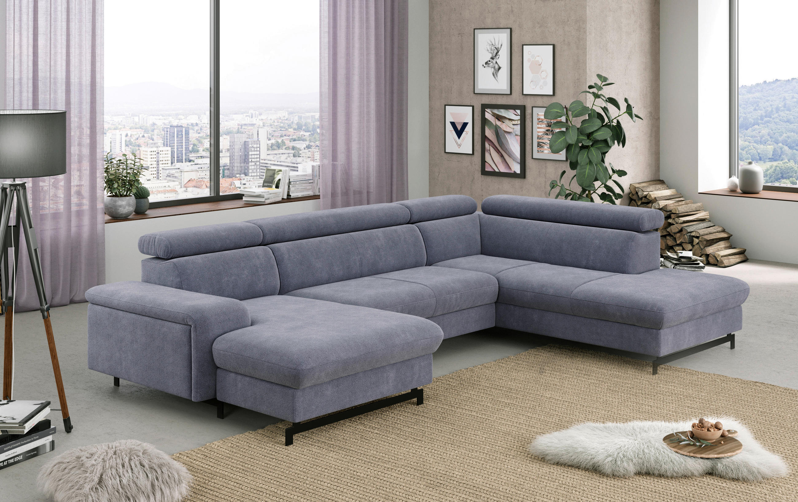 WOHNLANDSCHAFT in Chenille Blau - Blau/Schwarz, Textil/Metall (165/328/215cm) - MID.YOU