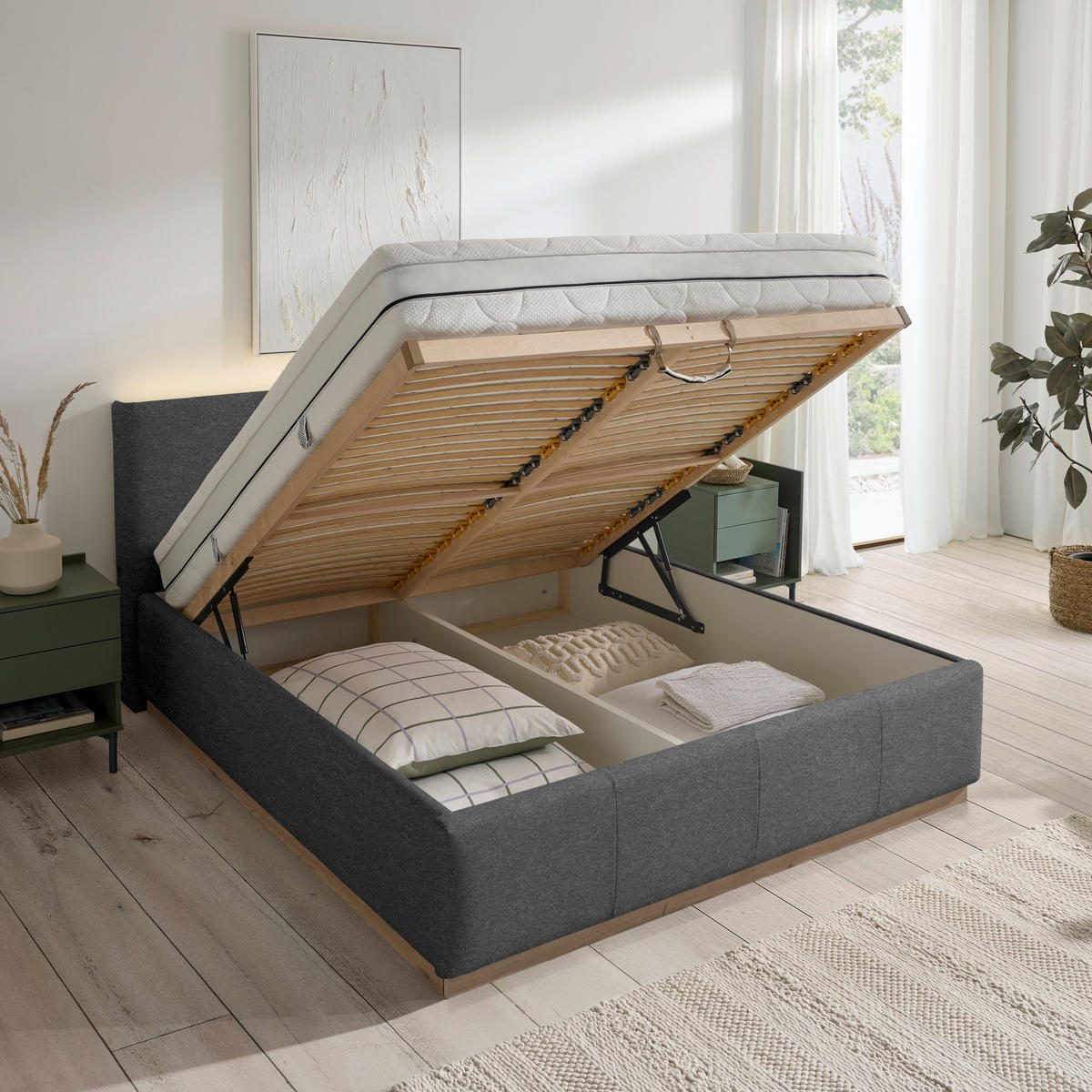 POLSTERBETT Beleuchtung, Lattenrost, Bettkasten Anthrazit 200/200 cm  - Birkefarben/Anthrazit, Design, Holz/Holzwerkstoff (200/200cm) - Lomoco