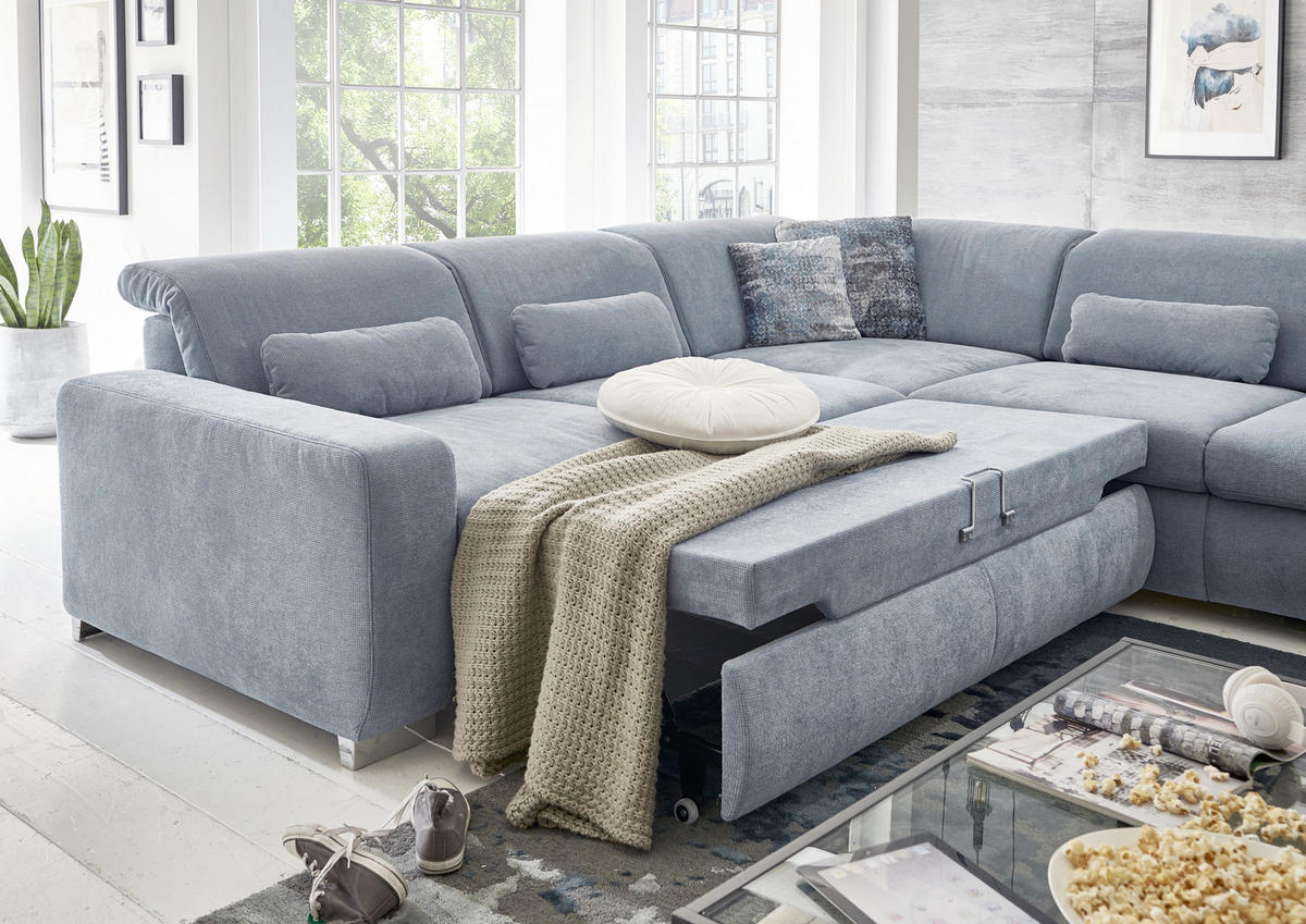 ECKSOFA in Flachgewebe Hellblau  - Chromfarben/Hellblau, Design, Textil/Metall (301/260cm) - Beldomo Style