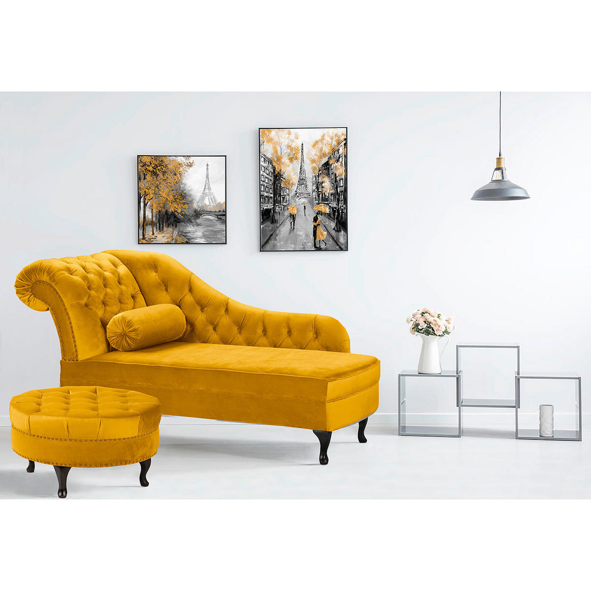 RÉCAMIERE Samt Senfgelb  - Senfgelb/Braun, Design, Holz/Textil (185/93/75cm) - Livetastic