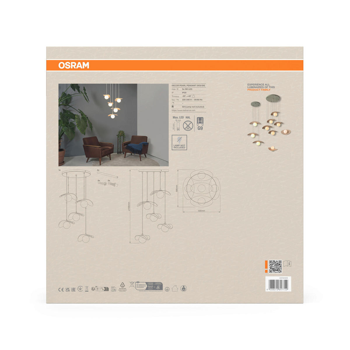 HÄNGELEUCHTE 50/50/150 cm  - Beige, Design, Glas/Textil (50/50/150cm) - Osram