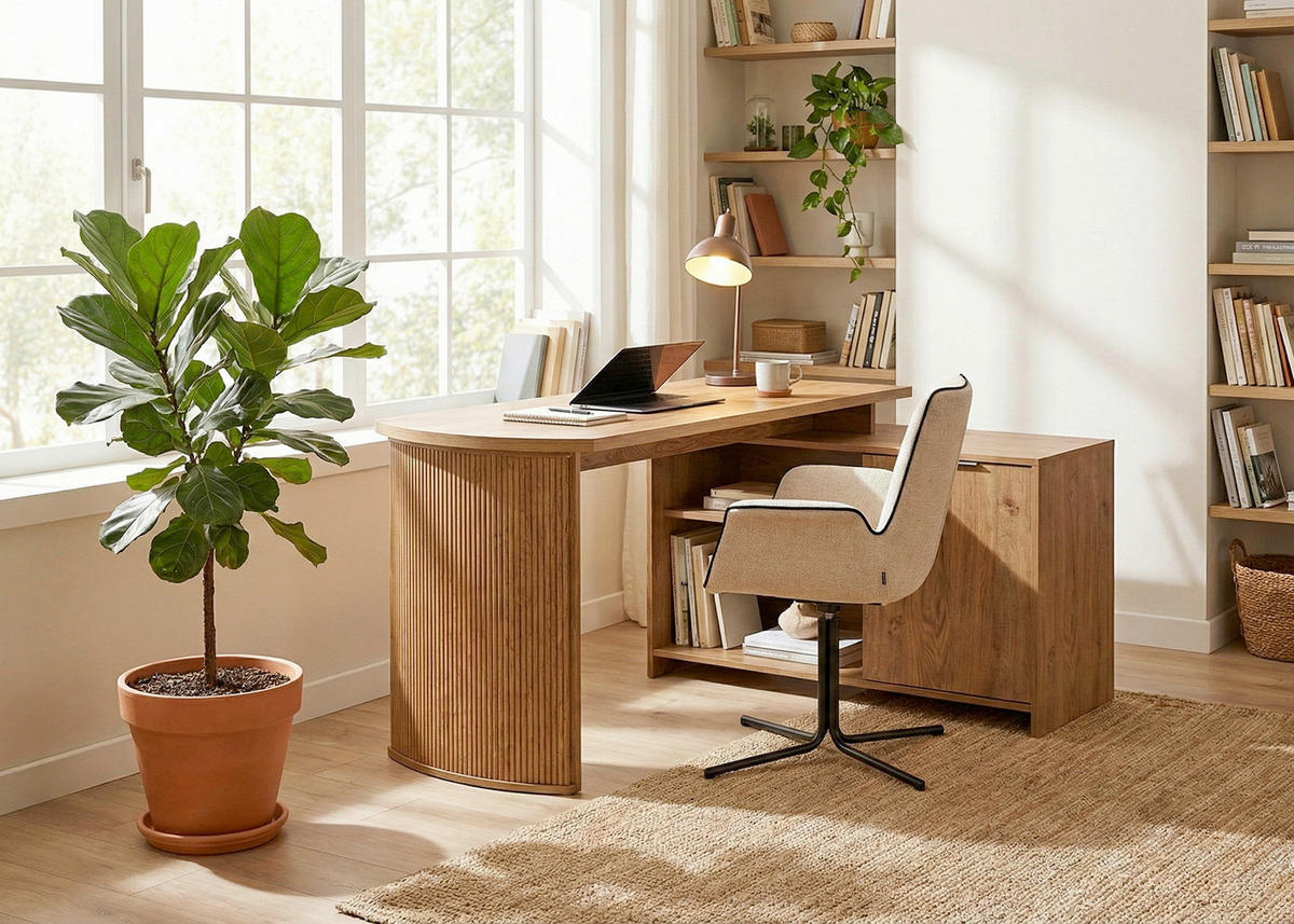 ECKSCHREIBTISCH 150/120/75 cm Eichefarben Kabeldurchlass, Stauraum, seitenverkehrt montierbar  - Eichefarben/Silberfarben, Modern, Holzwerkstoff/Metall (150/120/75cm) - MID.YOU
