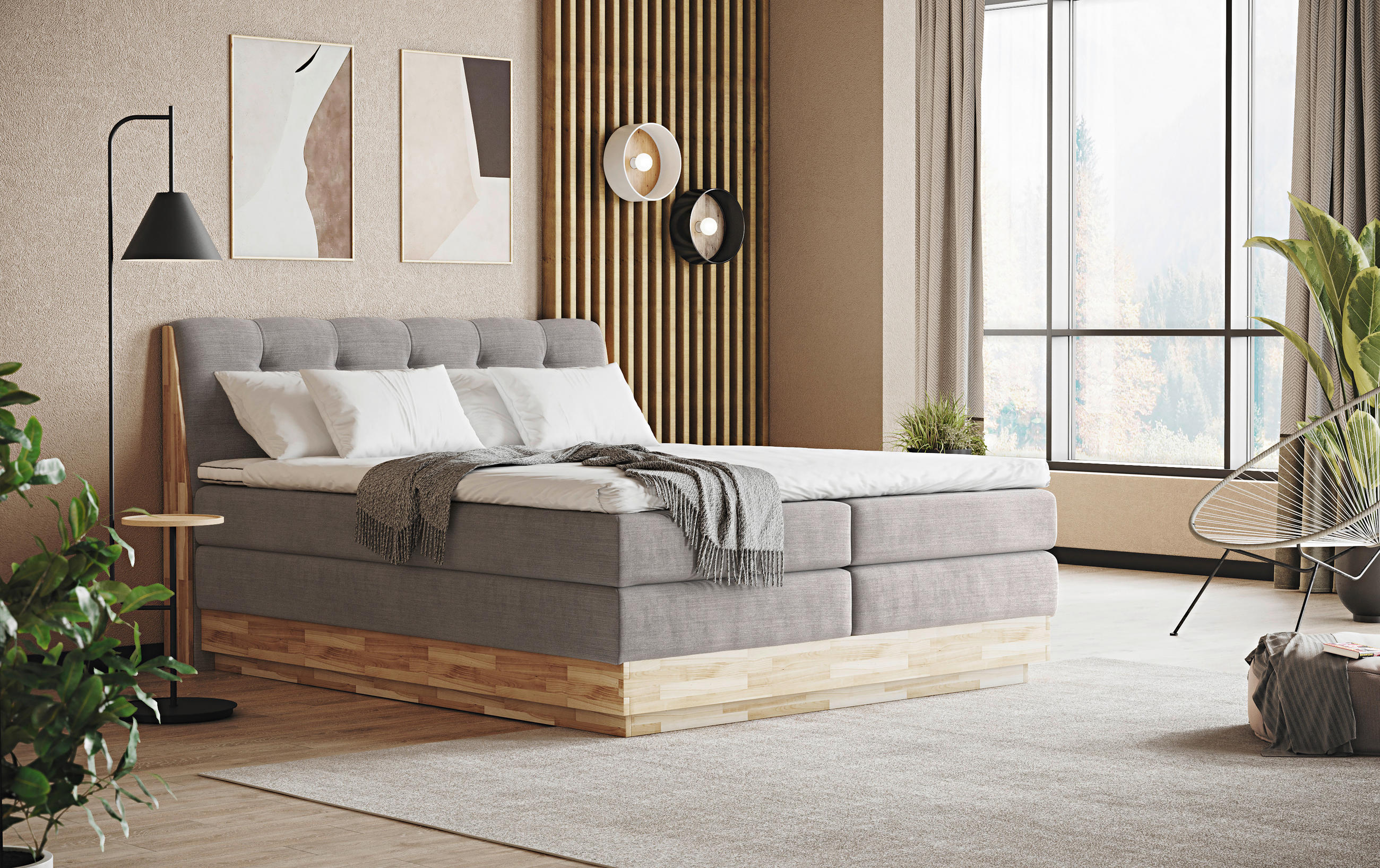 BOXSPRINGBETT 180/200 cm  in Hellgrau  - Hellgrau/Schwarz, Natur, Holz/Textil (180/200cm)