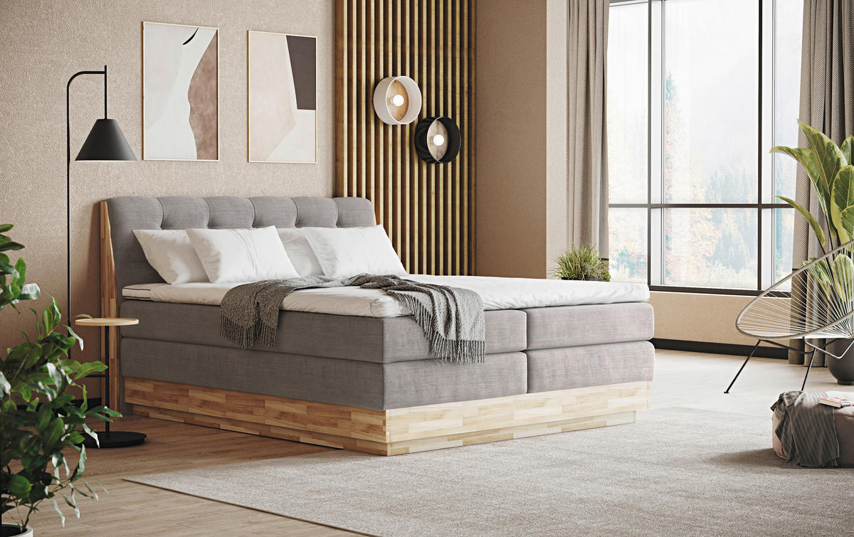 BOXSPRING-ÁGY 160/200 cm  világosszürke  - világosszürke/fekete, Natur, textil/fa (160/200cm)