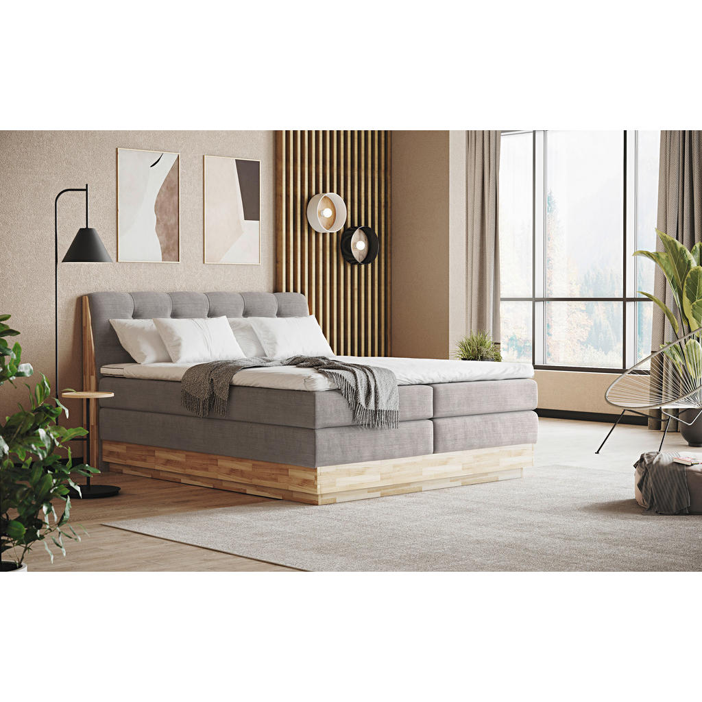 Thumbnail - Xxxl Boxspringbett, Hellgrau, Textil, Eiche, massiv, H2 + H3, 7-Zonen, Höhe ca. 20 cm, 200x200 cm, Fsc, Bettkasten, Matr...