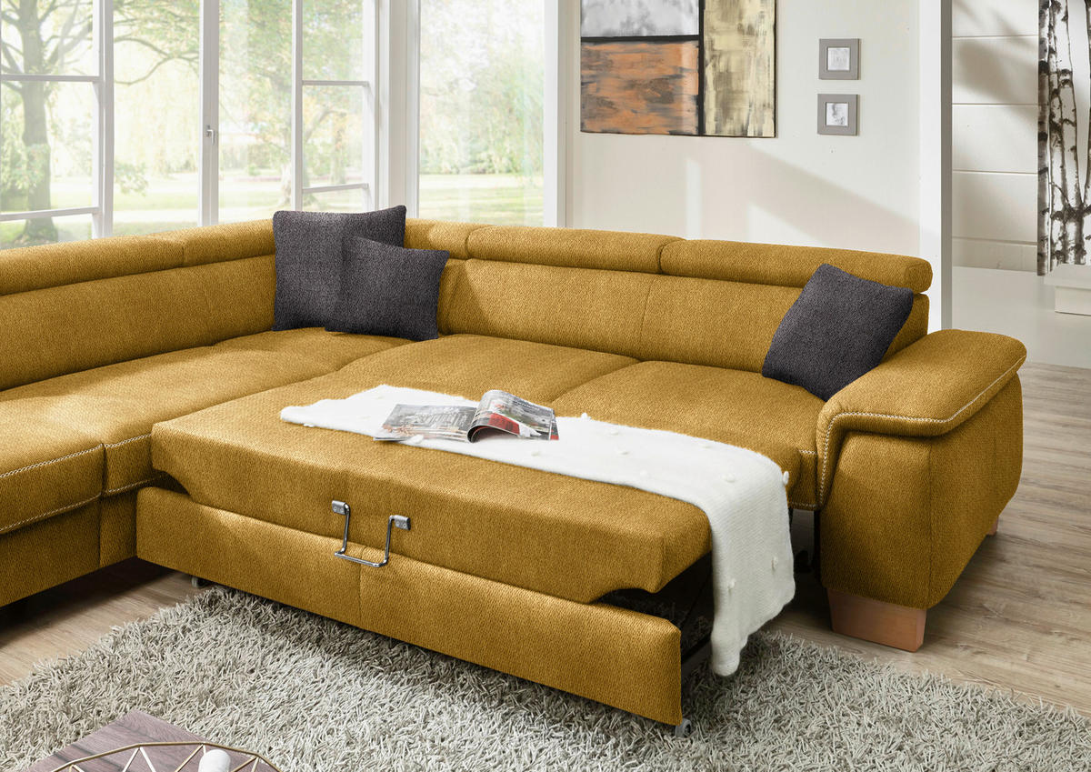 ECKSOFA in Mikrofaser Currygelb  - Currygelb/Eichefarben, Natur, Holz/Textil (273/226cm) - Beldomo System
