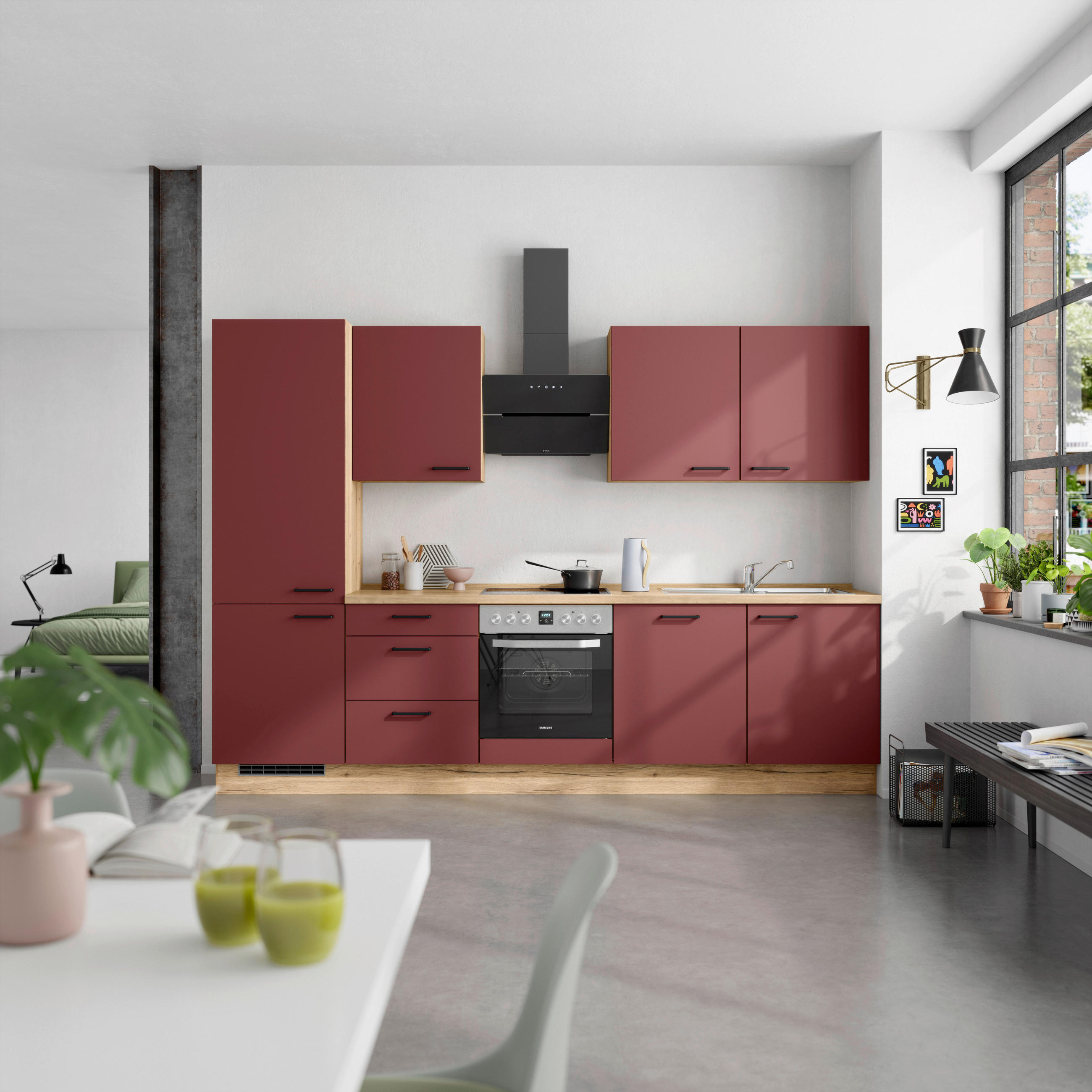 KÜCHENBLOCK Easytouch 300 cm  in Eichefarben, Dunkelrot  - Eichefarben/Schwarz, MODERN, Holzwerkstoff/Metall (300cm) - Nobilia