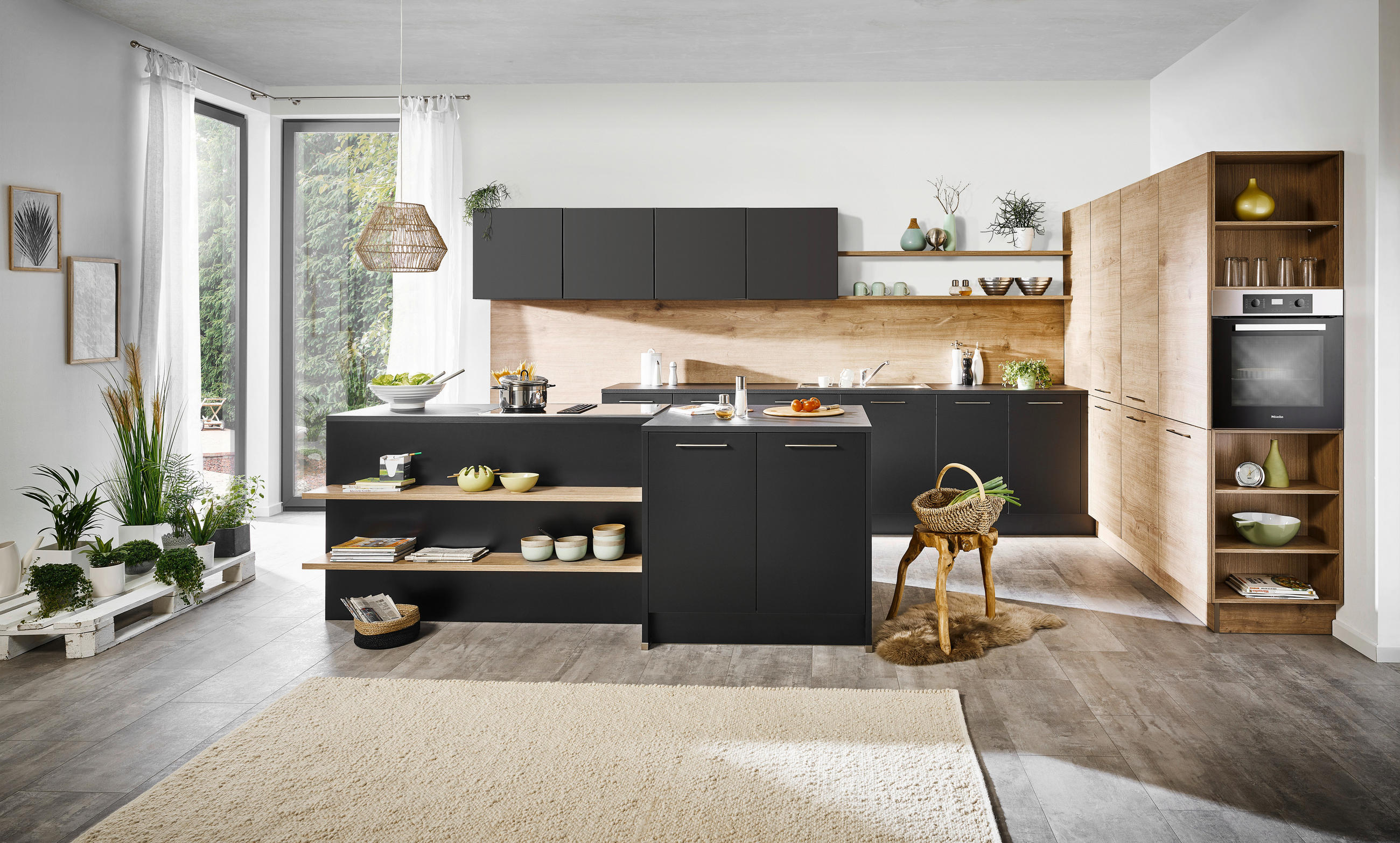 EINBAUKÜCHE   - Eichefarben/Schwarz, Design, Holzwerkstoff - Dieter Knoll