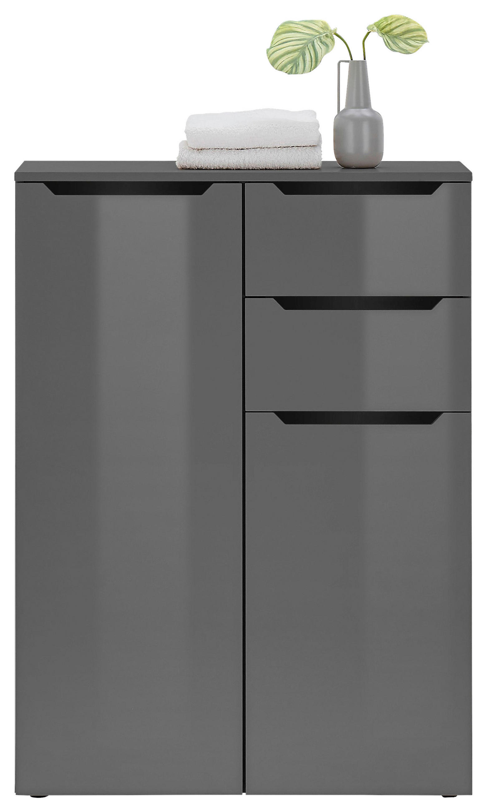 Thumbnail - home24 Midischrank Ibiza, Anthrazit, Schwarz, Anthrazit Hochglanz, Holzwerkstoff, 3 Fächer, 2 Schubladen, 80x110x30 cm, ...
