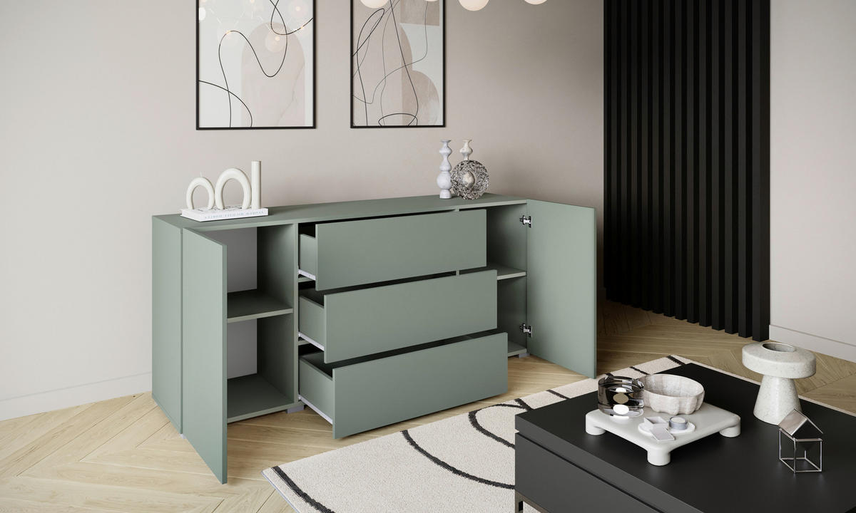 SIDEBOARD Berlin 150/68/38,5 cm 3 låda(or)  - grå/salviagrön, Design, trämaterial/plast (150/68/38,5cm) - P & B