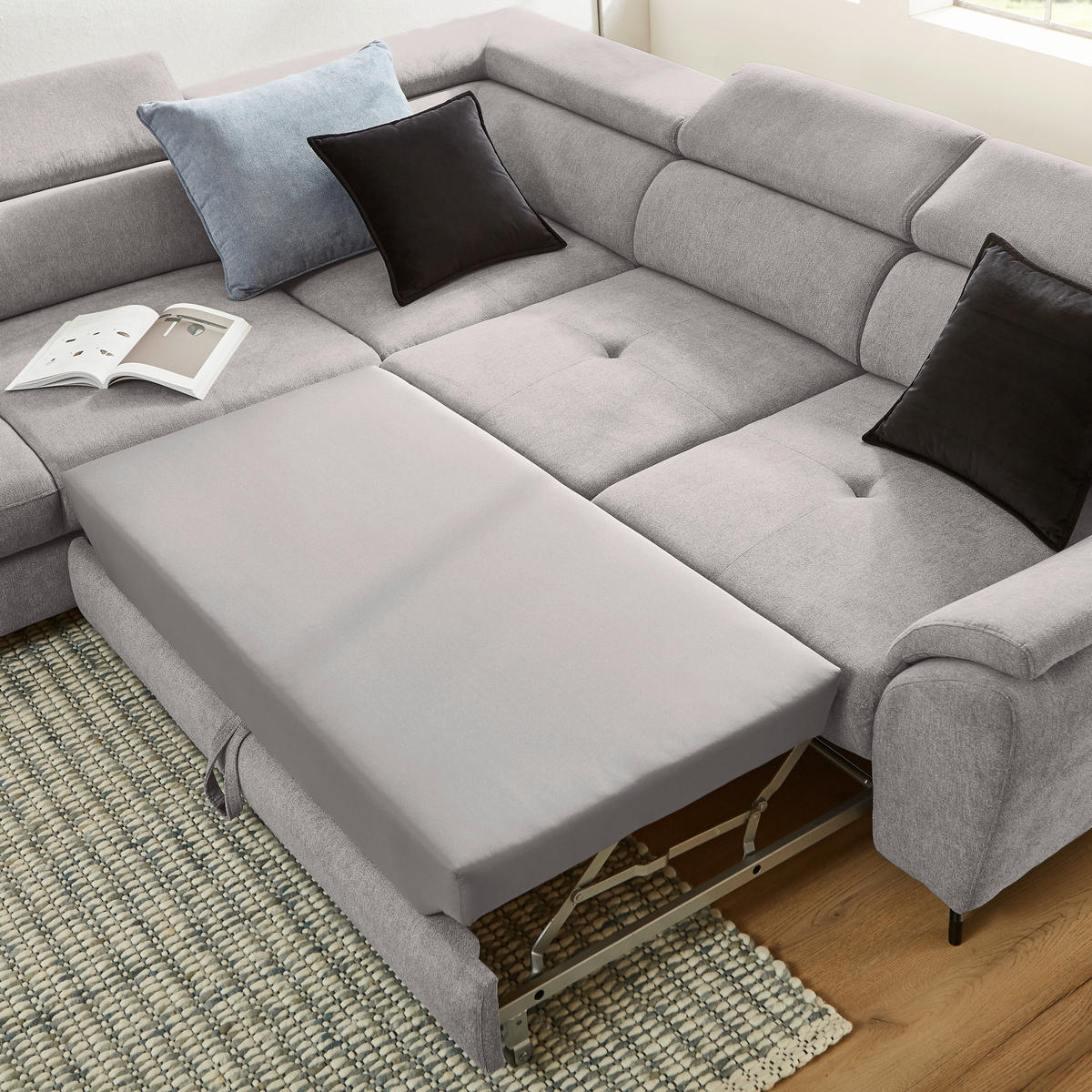 ECKSOFA in Webstoff Grau, Hellgrau  - Hellgrau/Schwarz, Design, Textil/Metall (237/277cm) - Stylife