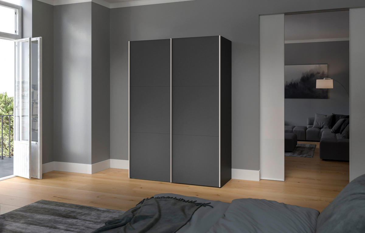 SCHWEBETÜRENSCHRANK 152/215/65 cm 2-türig Anthrazit, Schwarz  - Edelstahlfarben/Anthrazit, Design, Holzwerkstoff (152/215/65cm) - Boxxx