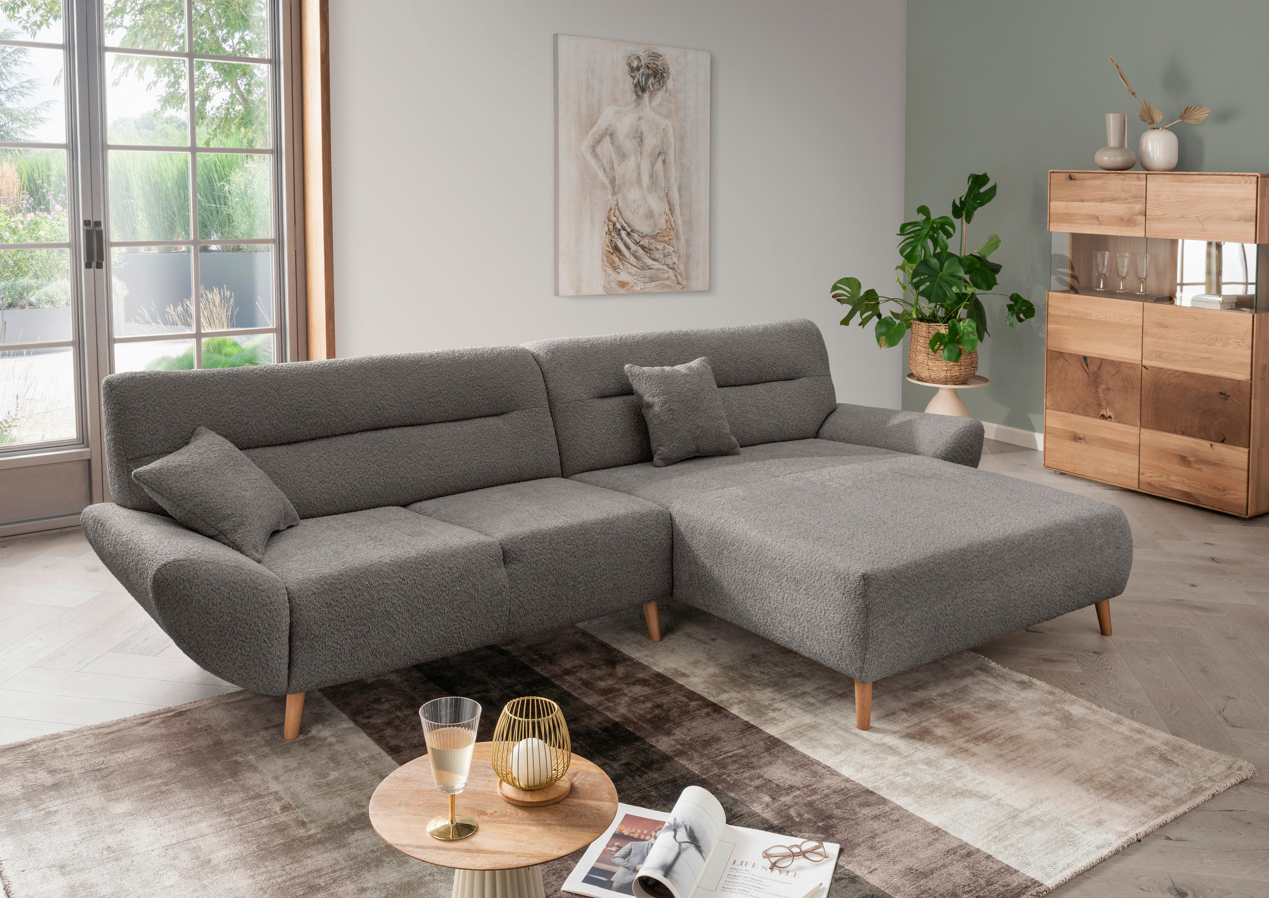 ECKSOFA in Bouclé Anthrazit   - Wildeiche/Anthrazit, KONVENTIONELL, Holz/Textil (290cm) - MID.YOU