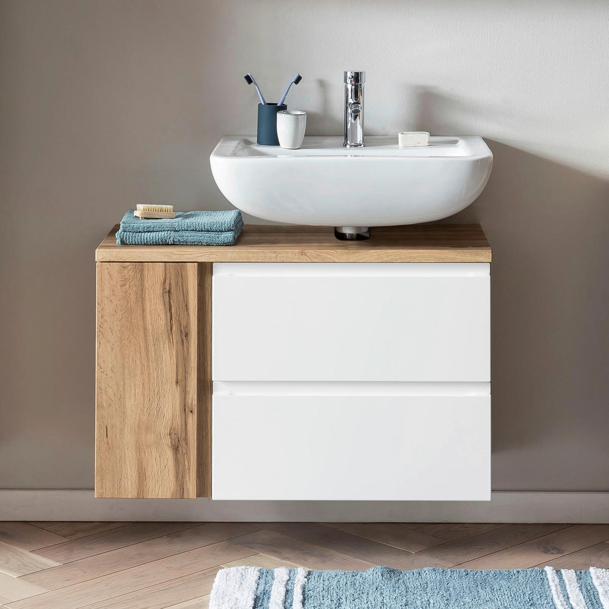 SKRINKA POD UMÝVADLO, 85/56/35 cm - biela/dub wotan, Modern, kompozitné drevo (85/56/35cm) - Held