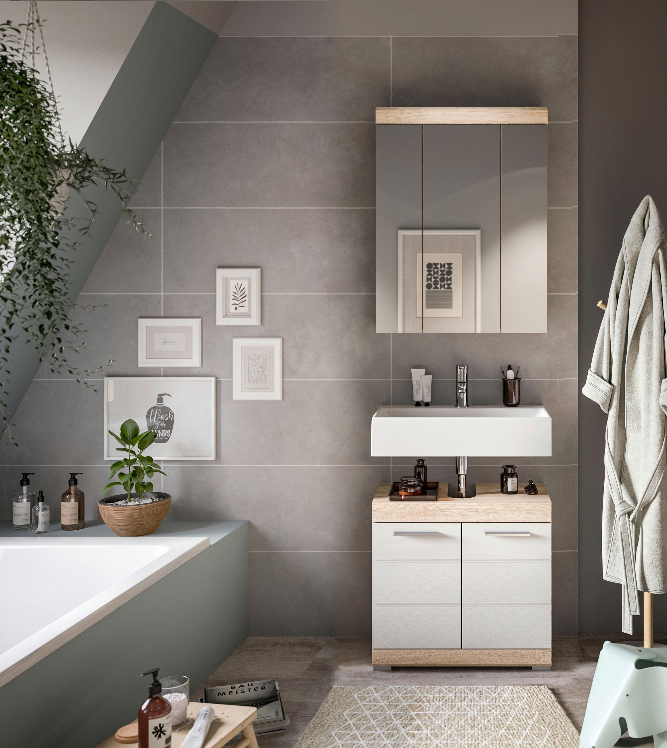 Mid.you Badezimmer Sonoma Eiche, Weiß Hochglanz 60 cm
