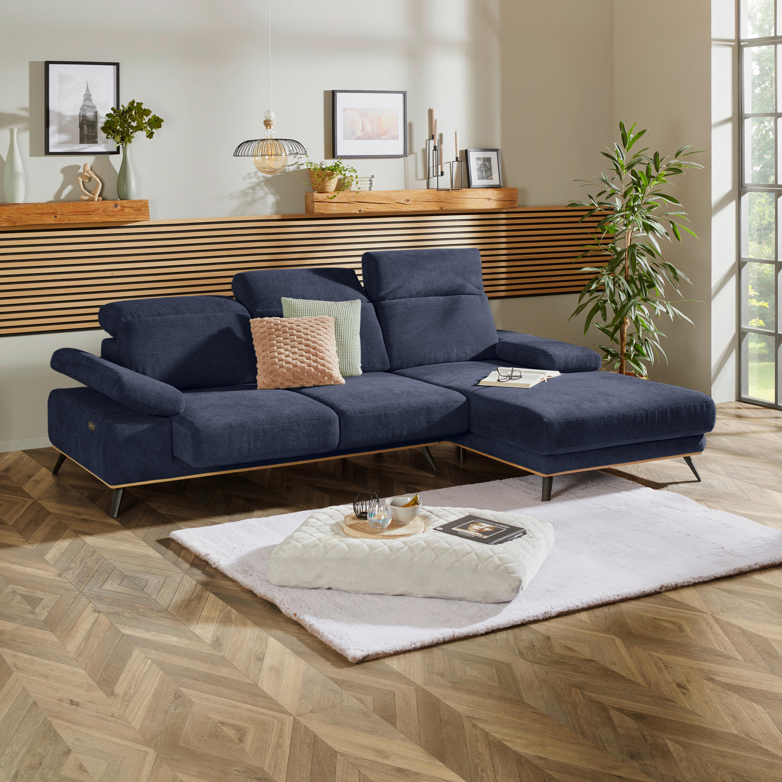 ECKSOFA ROYCE Dunkelblau Struktur  - Schwarz/Dunkelblau, MODERN, Textil/Metall (283/194cm) - MID.YOU