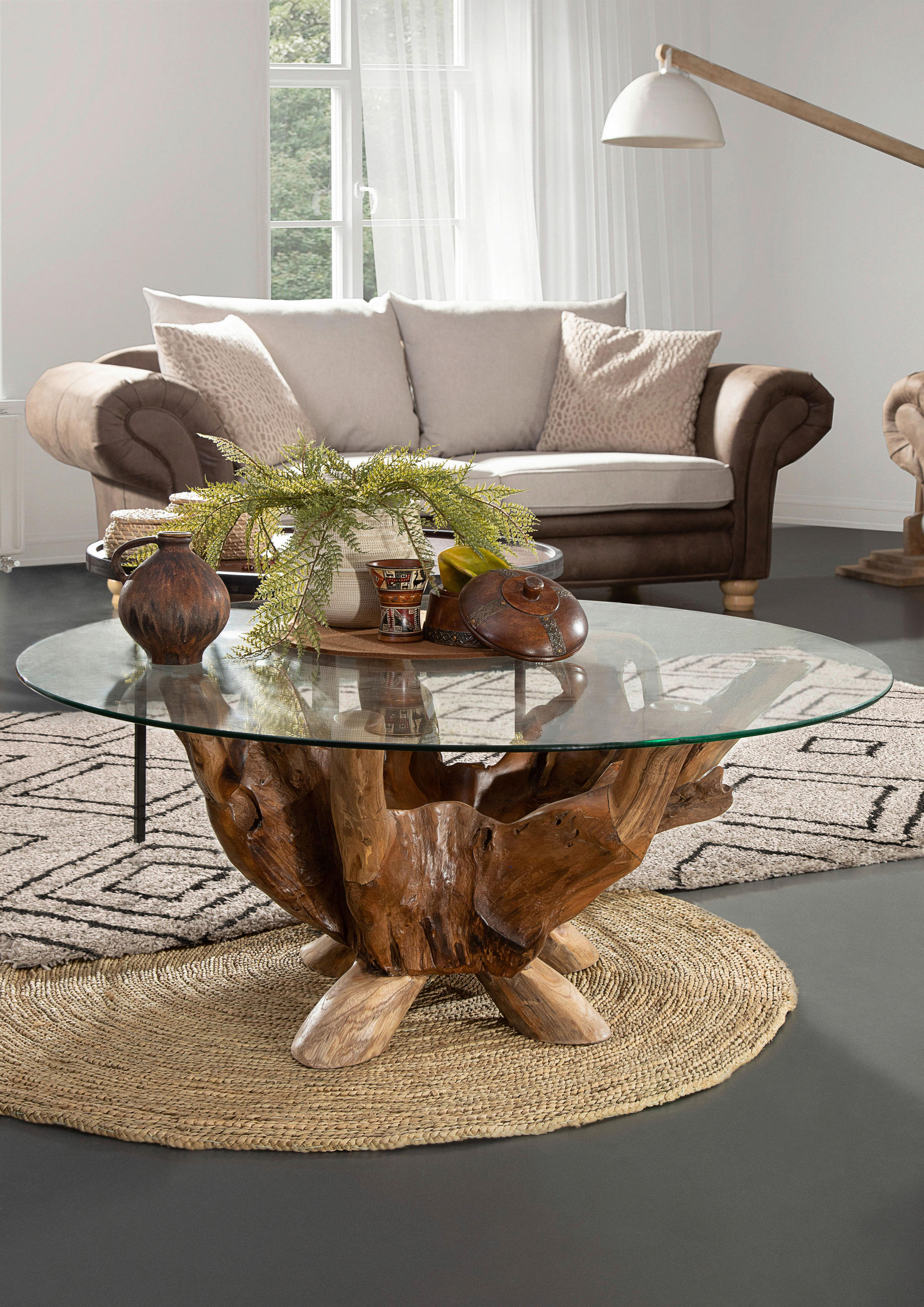 COUCHTISCH Unikat Teakholz massiv Klarglas 110/110/46 cm rund Teakfarben  - Teakfarben, Basics, Glas/Holz (110/110/46cm) - Livetastic