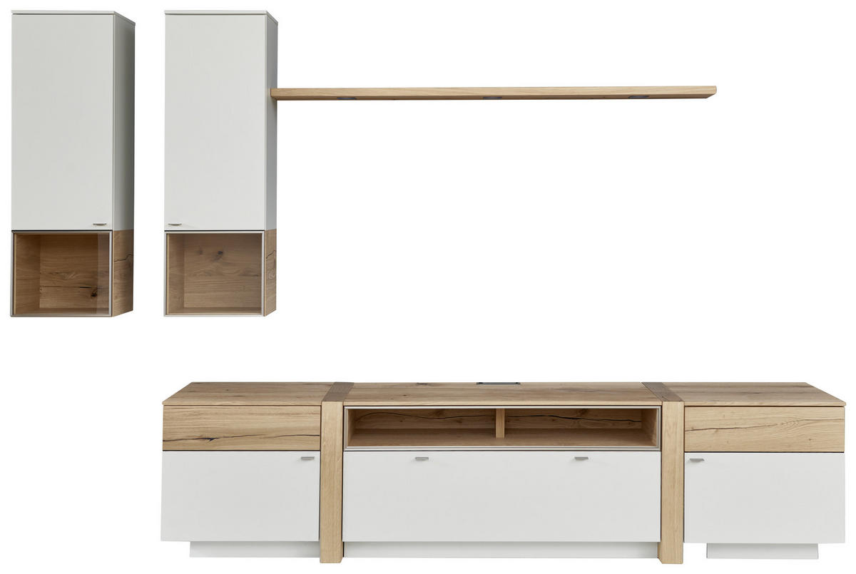 WOHNWAND  in Weiss, Eichefarben 296/202/53/33/20 cm  - Weiss/Edelstahlfarben, Design, Glas/Holz (296/202/53/33/20cm) - Venjakob