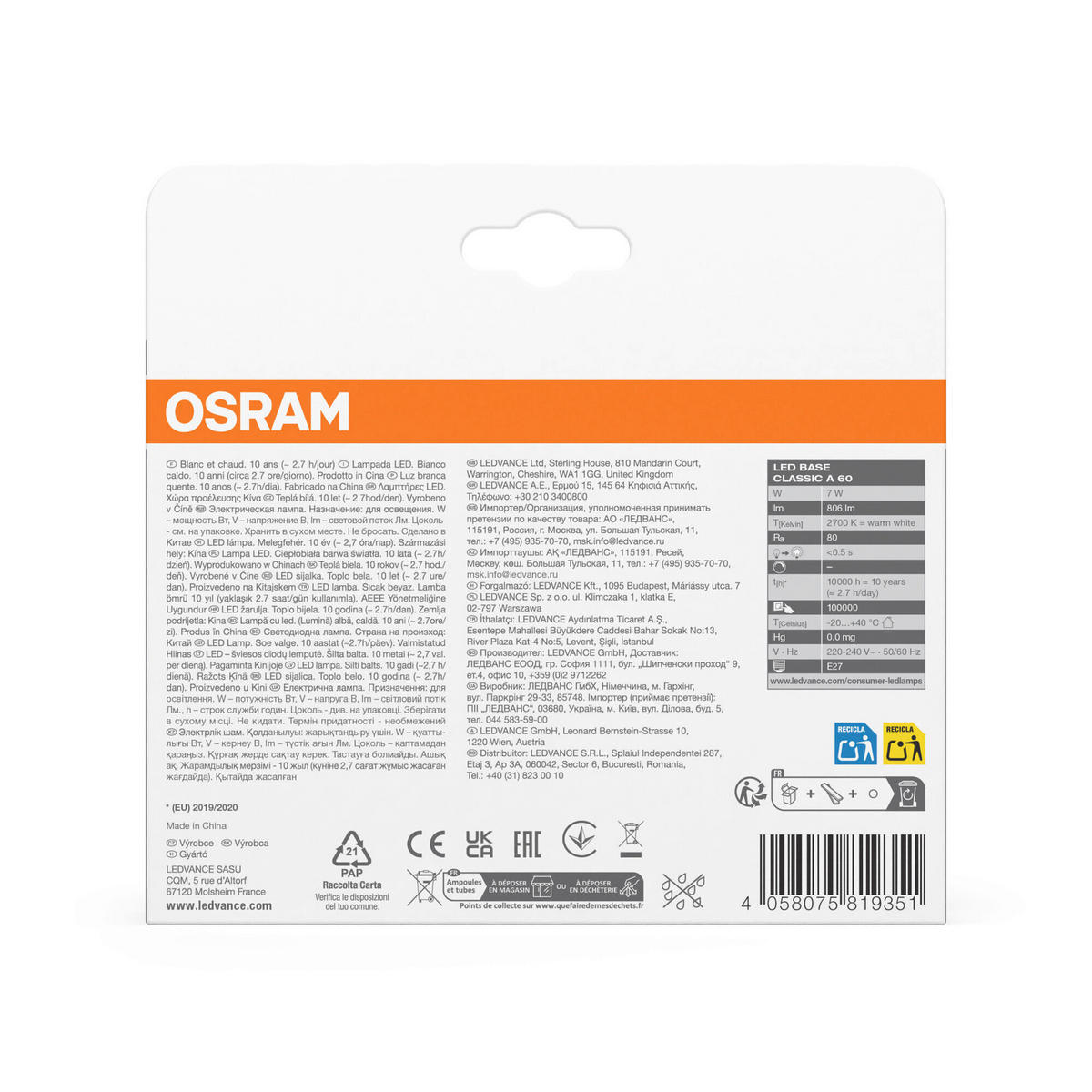 LED-LEUCHTMITTEL   E27 7 W 806 lm  - Weiß, Basics, Glas (6/10,5cm) - Osram