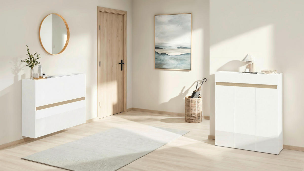 SCHUHKIPPER  in 104/82/29 cm  - Eichefarben/Weiß Hochglanz, Design, Holzwerkstoff (104/82/29cm) - MID.YOU