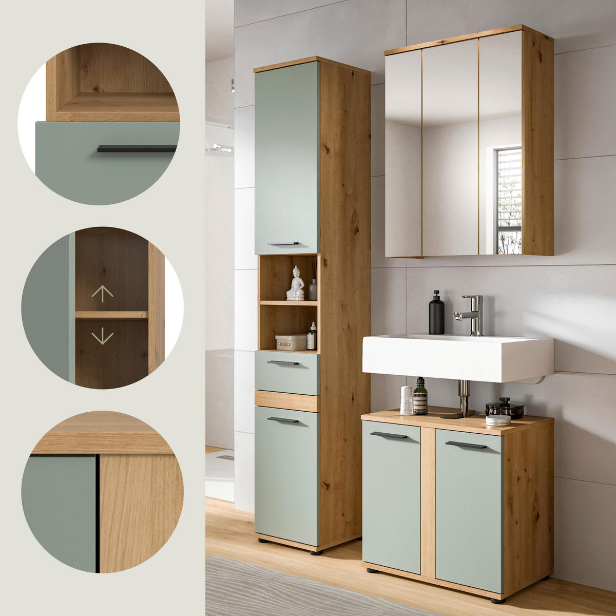 BADEZIMMER 3-teilig  in 110 cm  - Salbeigrün/Schwarz, Trend, Glas/Holzwerkstoff (110cm) - MID.YOU
