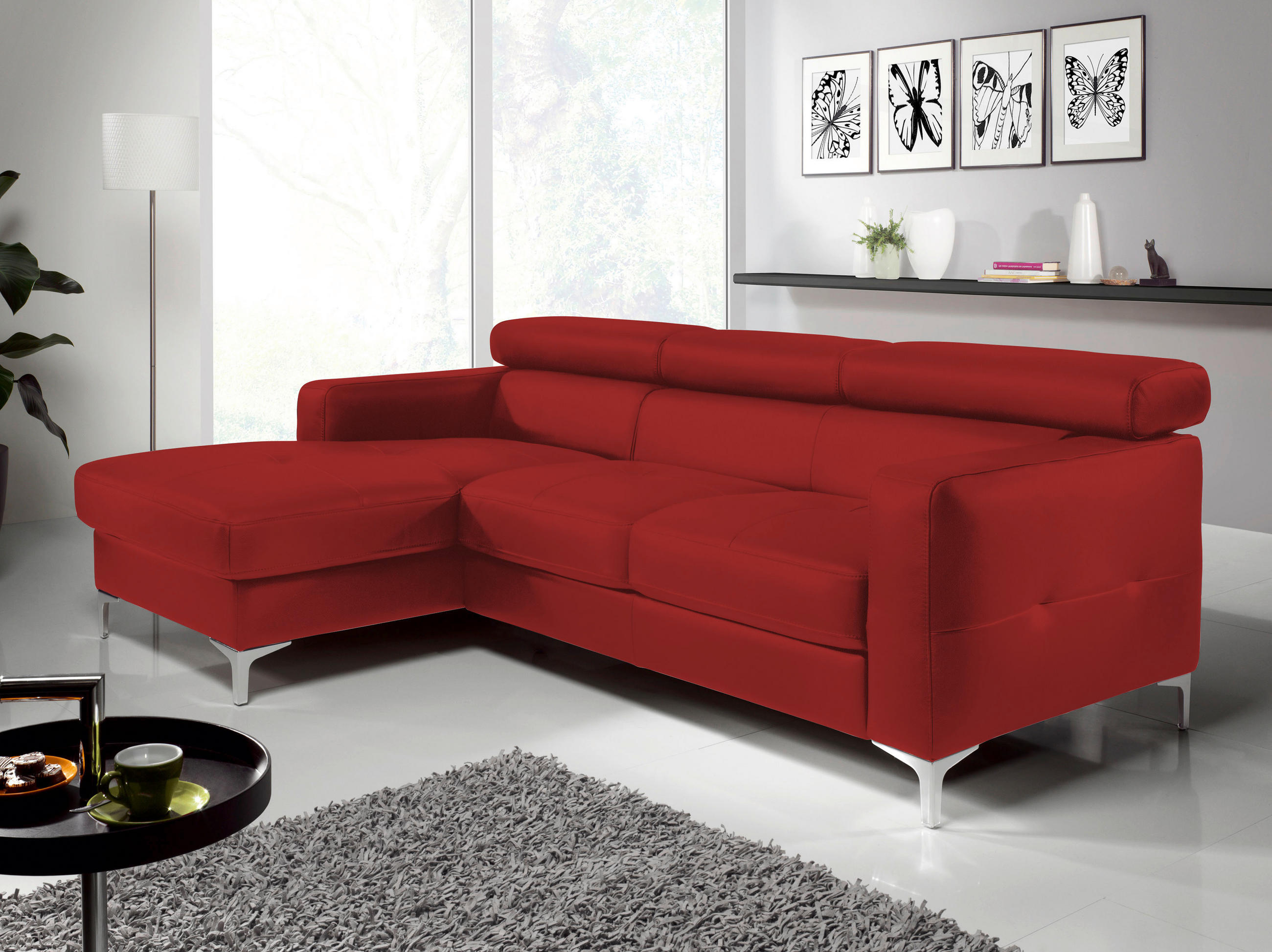 ECKSOFA in Echtleder Rot - Chromfarben/Rot, Design, Leder/Metall (169/226cm) - Livetastic