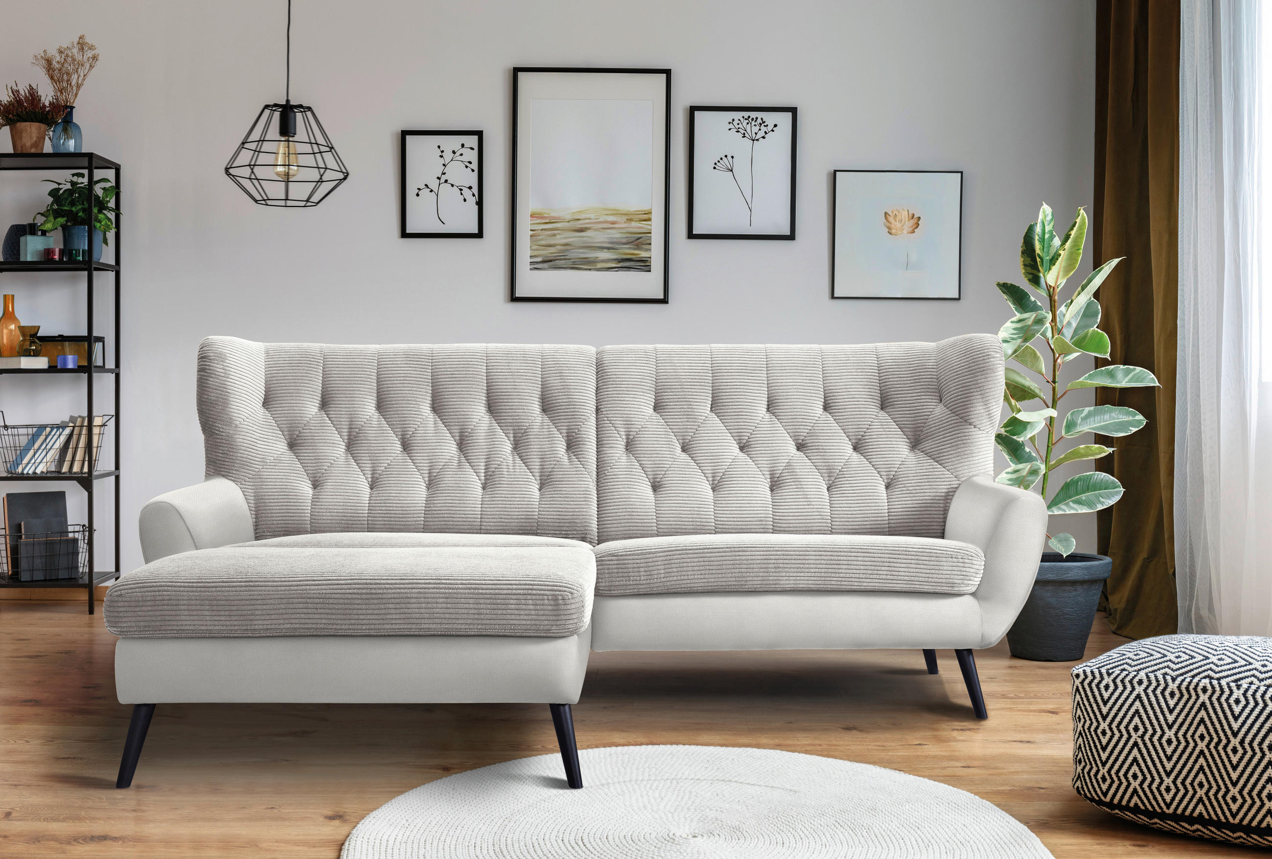 ECKSOFA Creme Cord  - Creme/Schwarz, Design, Holz/Textil (165/237cm) - Stylife