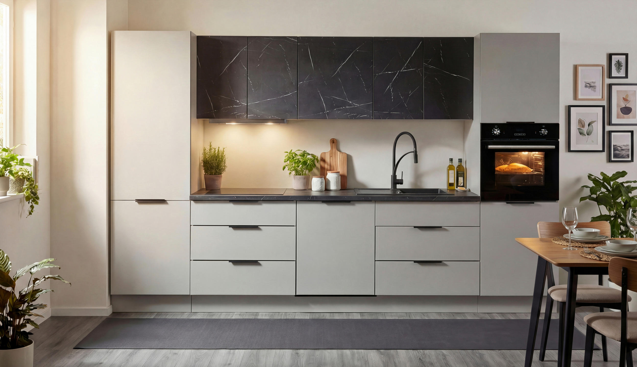 KÜCHENBLOCK 340 cm   in Grau  - Schwarz/Grau, Design, Holzwerkstoff/Metall (340cm) - P & B