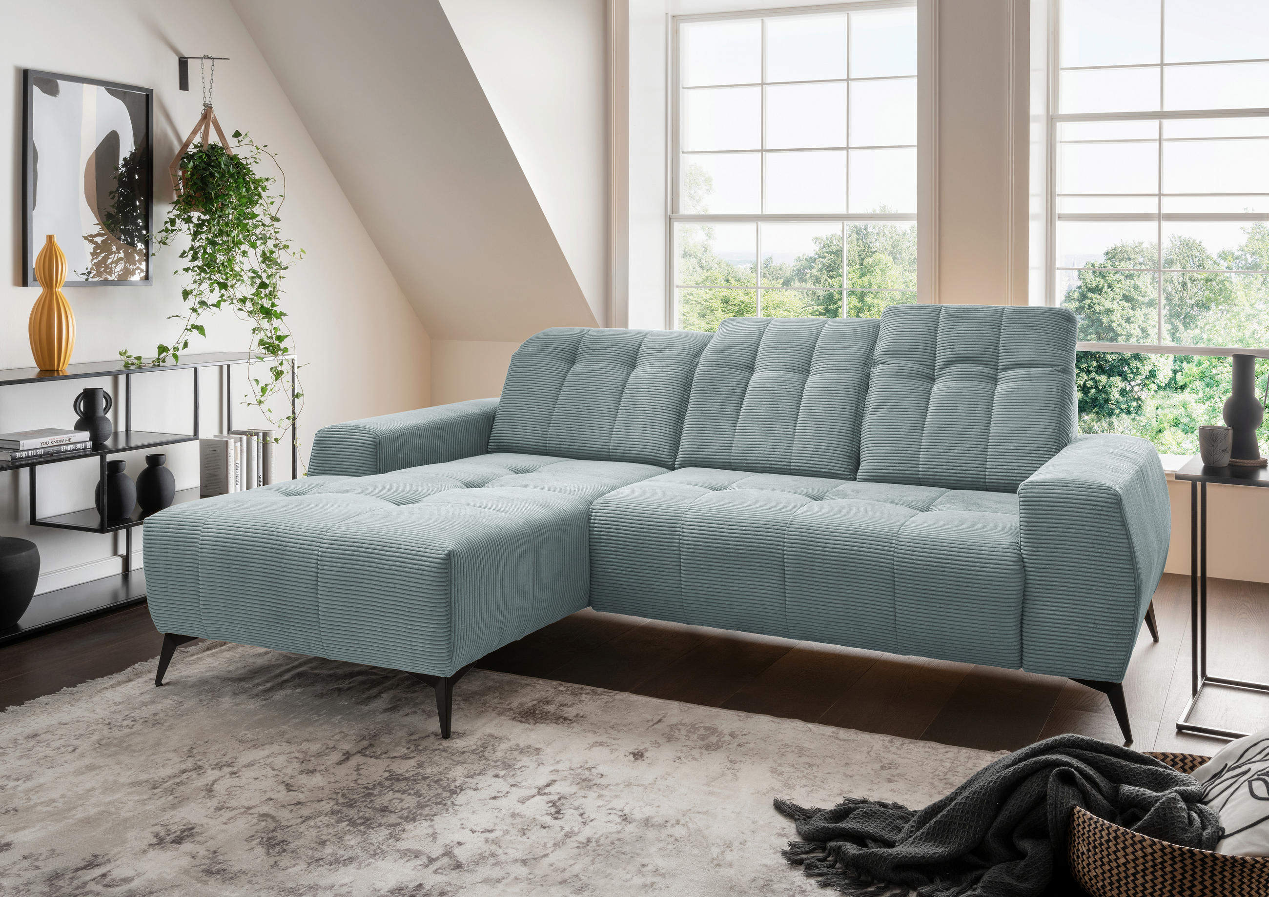 ECKSOFA in Cord Hellblau - Schwarz/Hellblau, Modern, Textil/Metall (180/258cm) - Livetastic