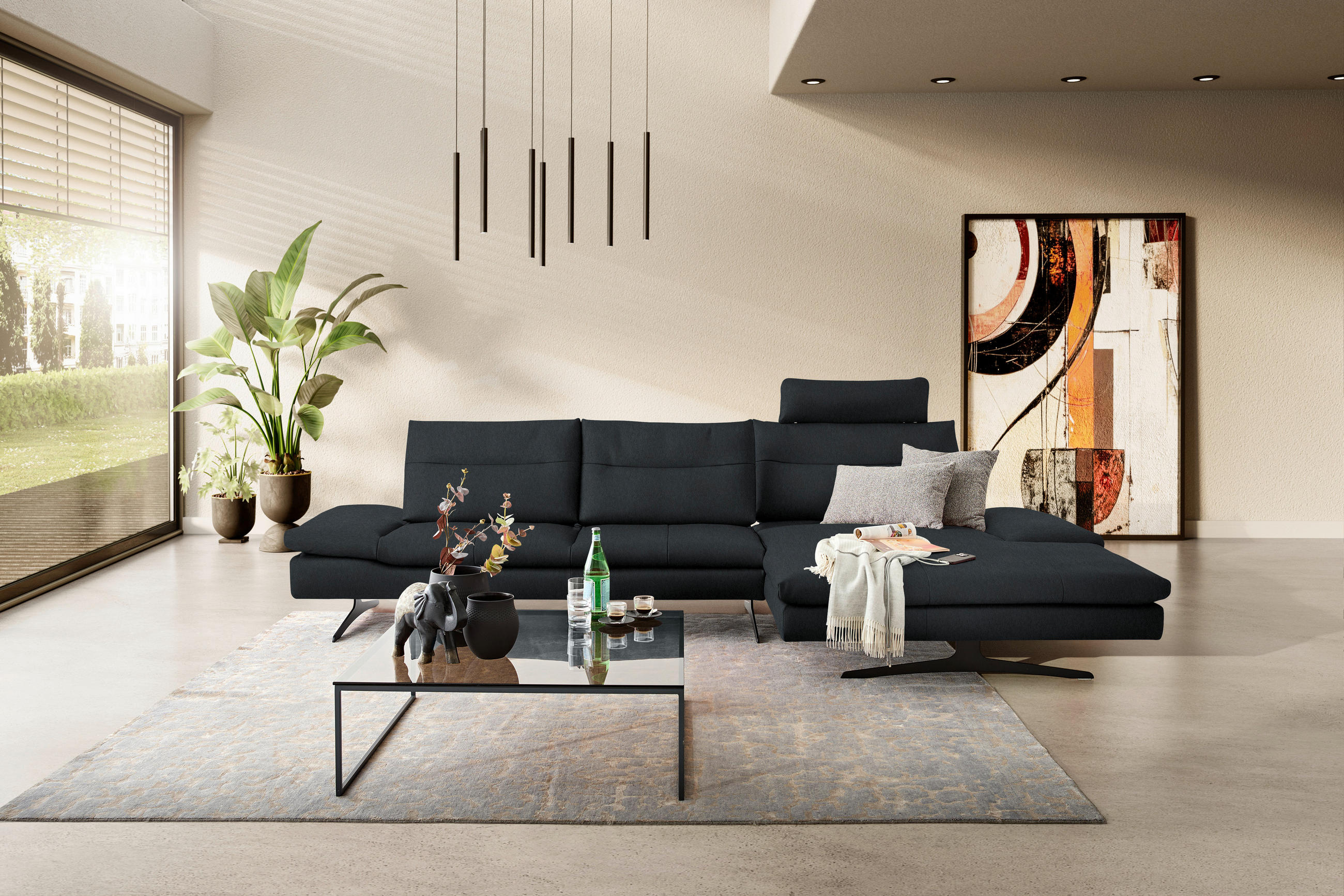ECKSOFA in Echtleder Schwarz  - Schwarz, Modern, Leder/Metall (342/158cm) - Chilliano