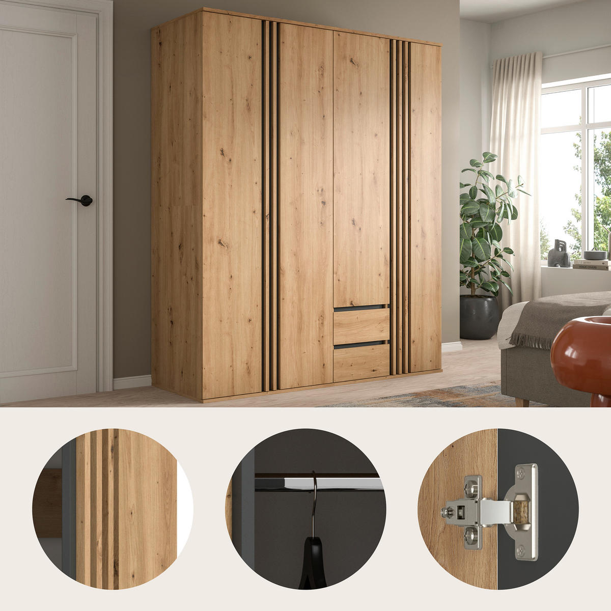 DREHTÜRENSCHRANK  in Anthrazit, Eiche Artisan  - Anthrazit/Eiche Artisan, ROMANTIK / LANDHAUS, Holzwerkstoff (160/190/56cm) - Livetastic