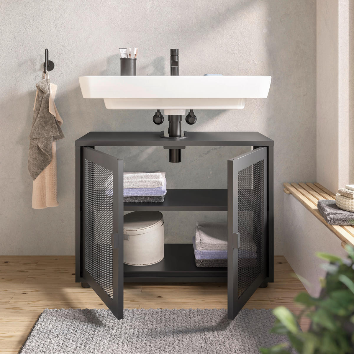 WASCHBECKENUNTERSCHRANK 80/60/33 cm  - Schwarz, Design, Kunststoff/Metall (80/60/33cm) - home24