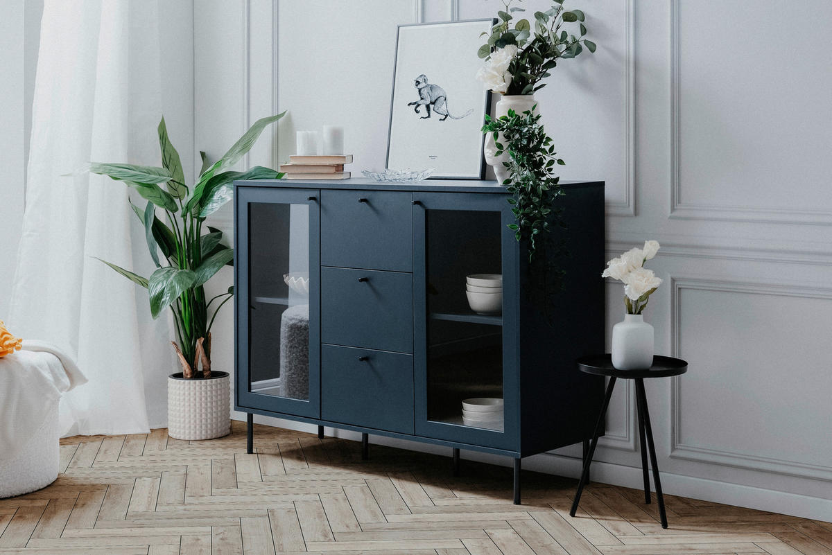KOMODA   120/90/40 cm   plava  - crna/plava, Moderno, staklo/drvni materijal (120/90/40cm) - MID.YOU