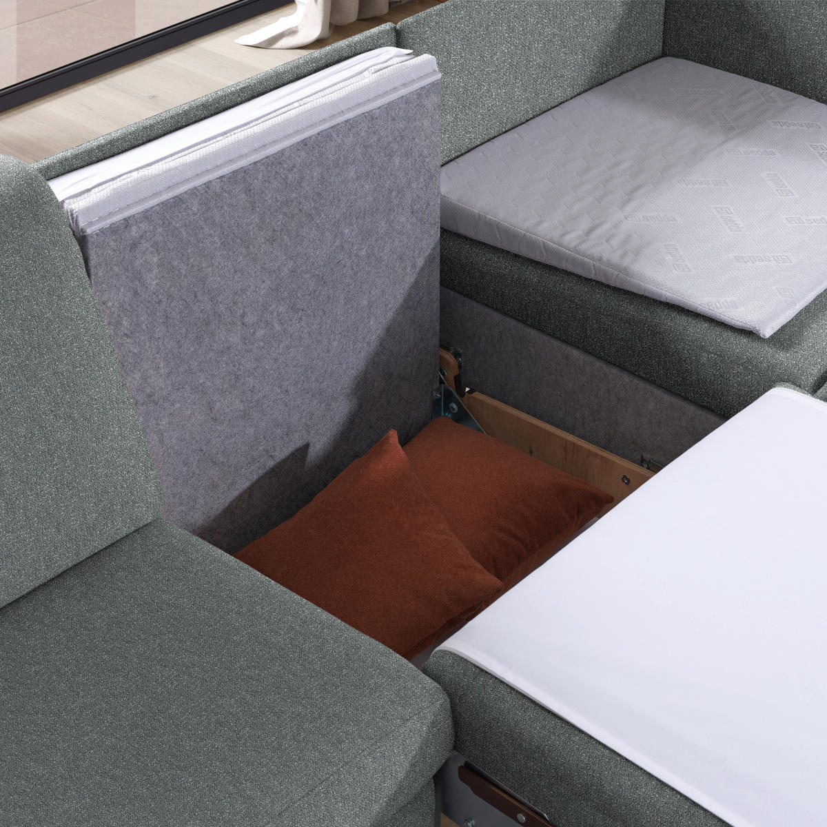 ECKSOFA  in Mikrovelours Graugrün  261/203 cm  - Eichefarben/Graugrün, KONVENTIONELL, Holz/Textil (261/203cm) - Sedda