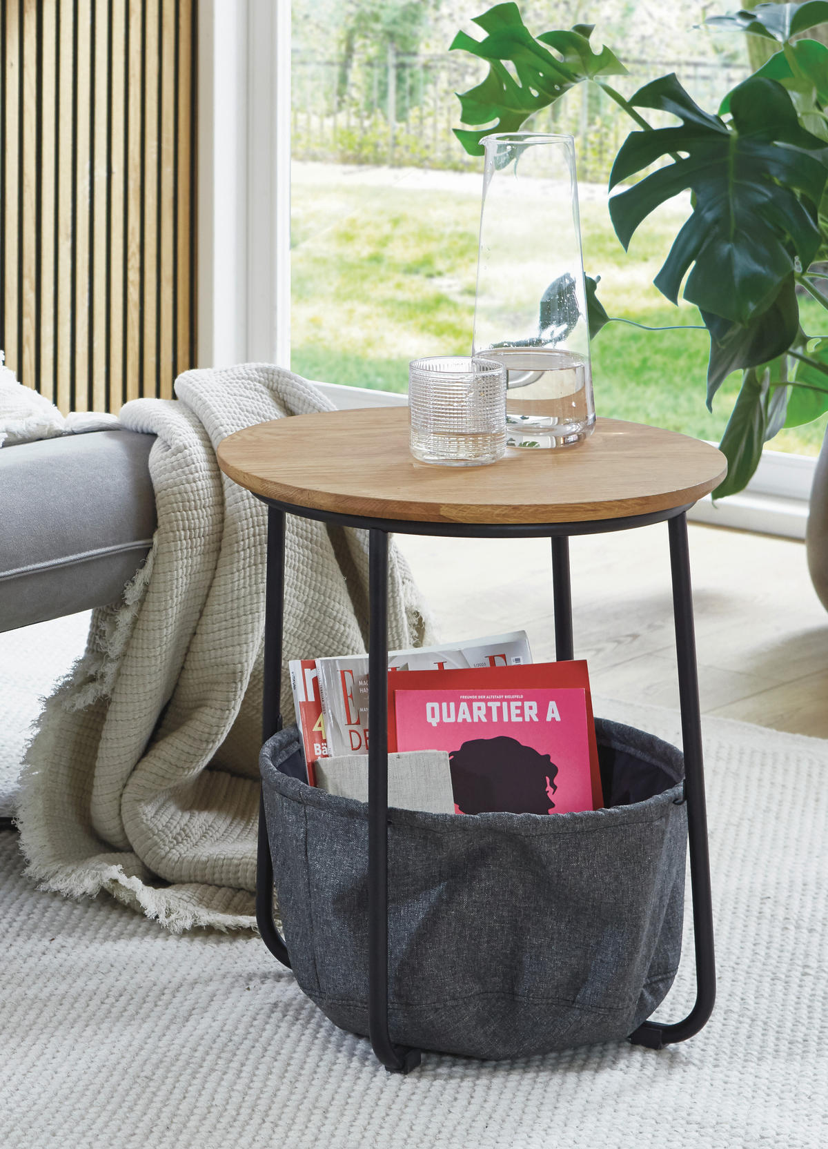 Beistelltisch Rubi 2 45/45/50 cm Eiche Hartholz Grau, Schwarz, Eichefarben rund  - Eichefarben/Schwarz, Trend, Holz/Textil (45/45/50cm)
