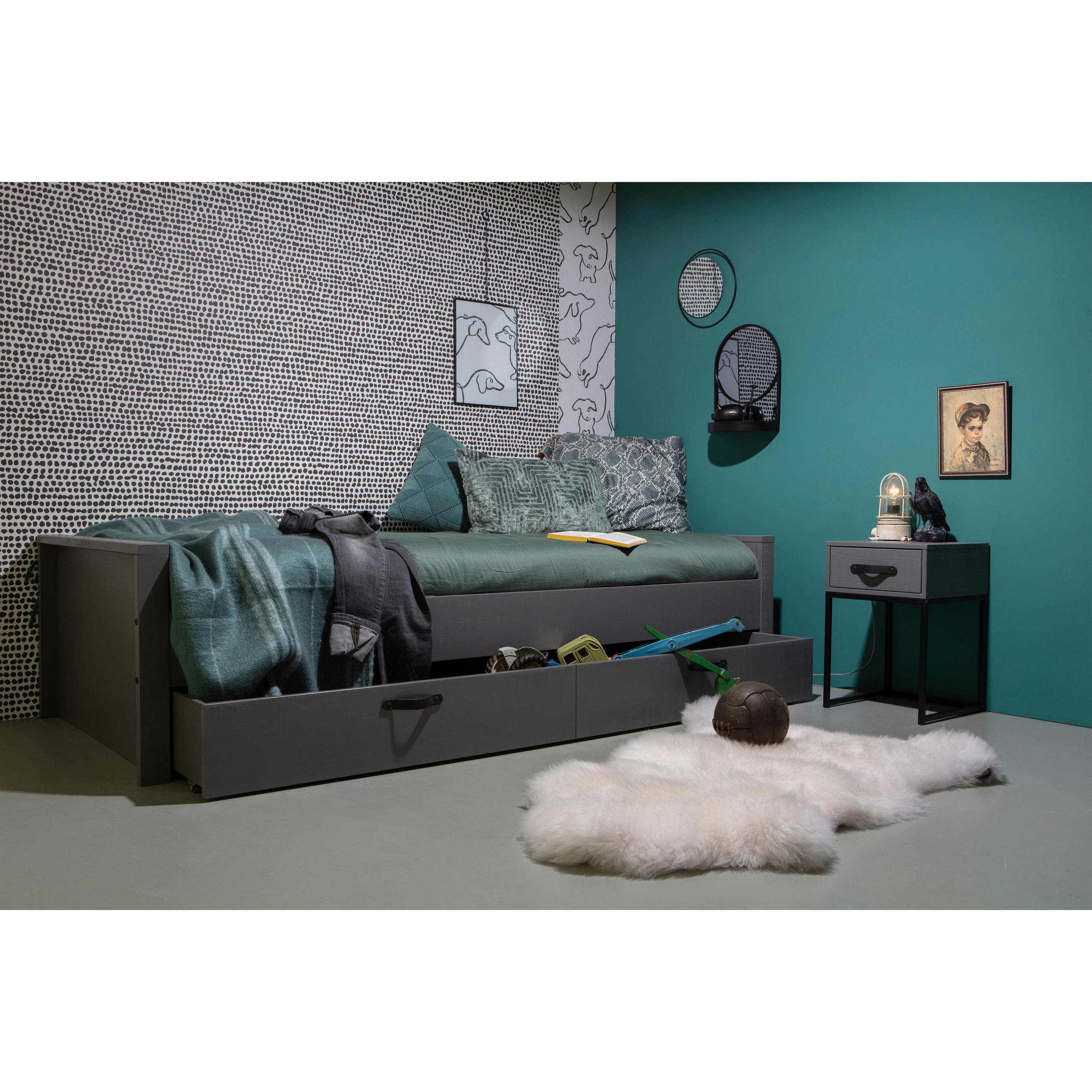 NACHTTISCH 35/35/52 cm  in massiv Kiefer Grau  - Schwarz/Grau, Design, Leder/Holz (35/35/52cm) - Livetastic