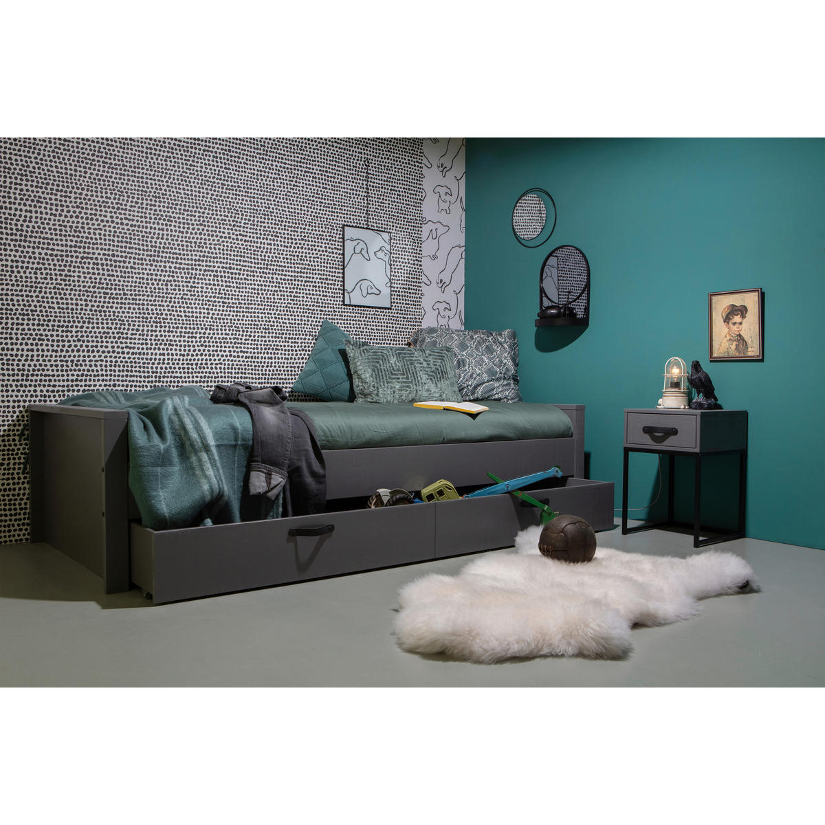 NACHTTISCH 35/35/52 cm  in massiv Kiefer Grau  - Schwarz/Grau, Design, Leder/Holz (35/35/52cm) - Livetastic