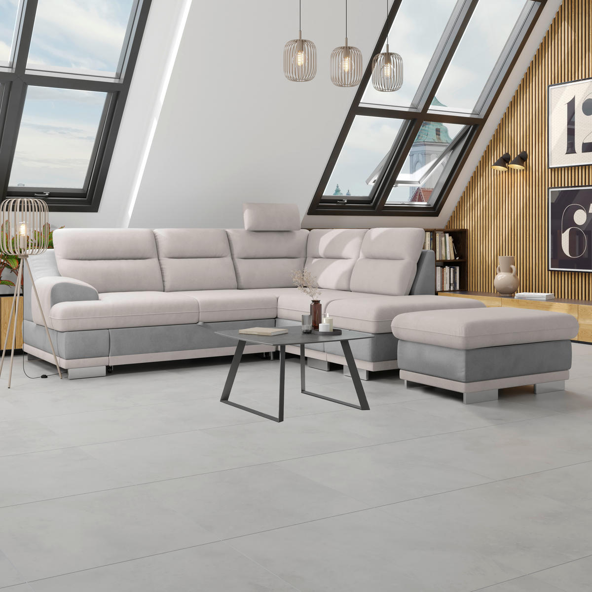 WOHNLANDSCHAFT Grau, Hellgrau Velours  - Chromfarben/Hellgrau, KONVENTIONELL, Textil/Metall (264/217cm) - MID.YOU